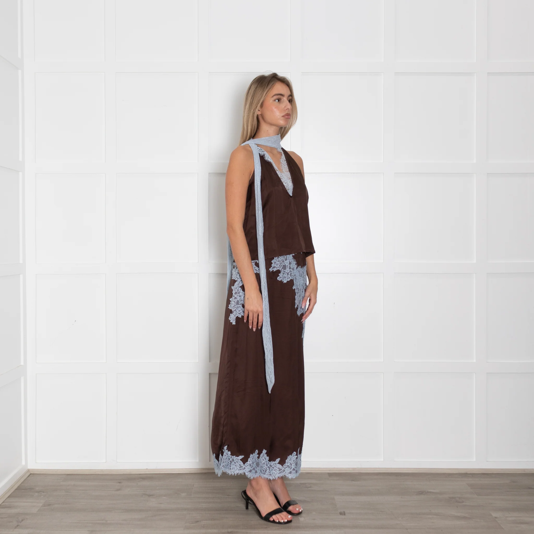 Never Fully Dressed Brown Sleeveless Top With Blue Lace Neck Tie - Image 7