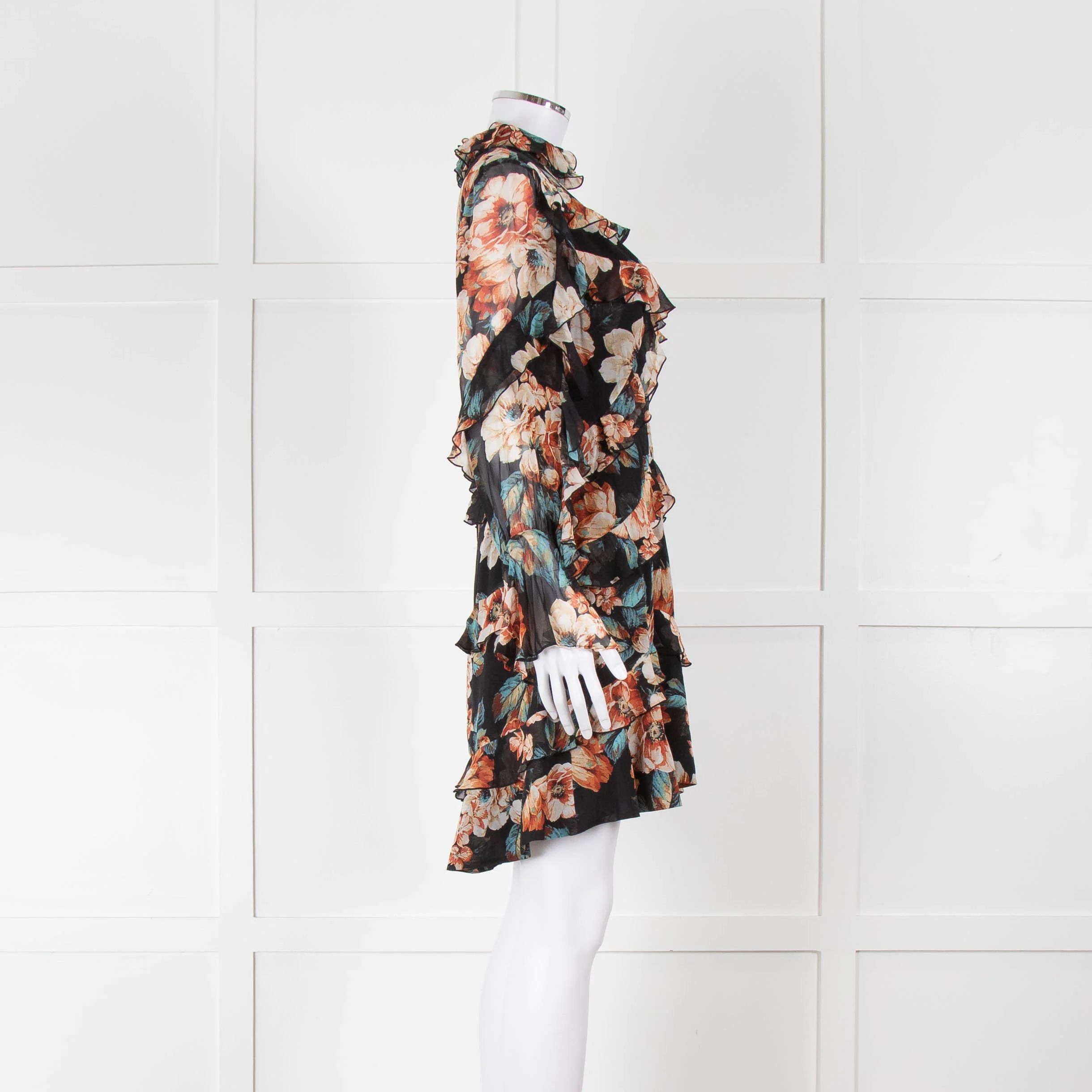 Nicholas Black Frilled Mini Dress with Orange and Blue Flowers - Image 3