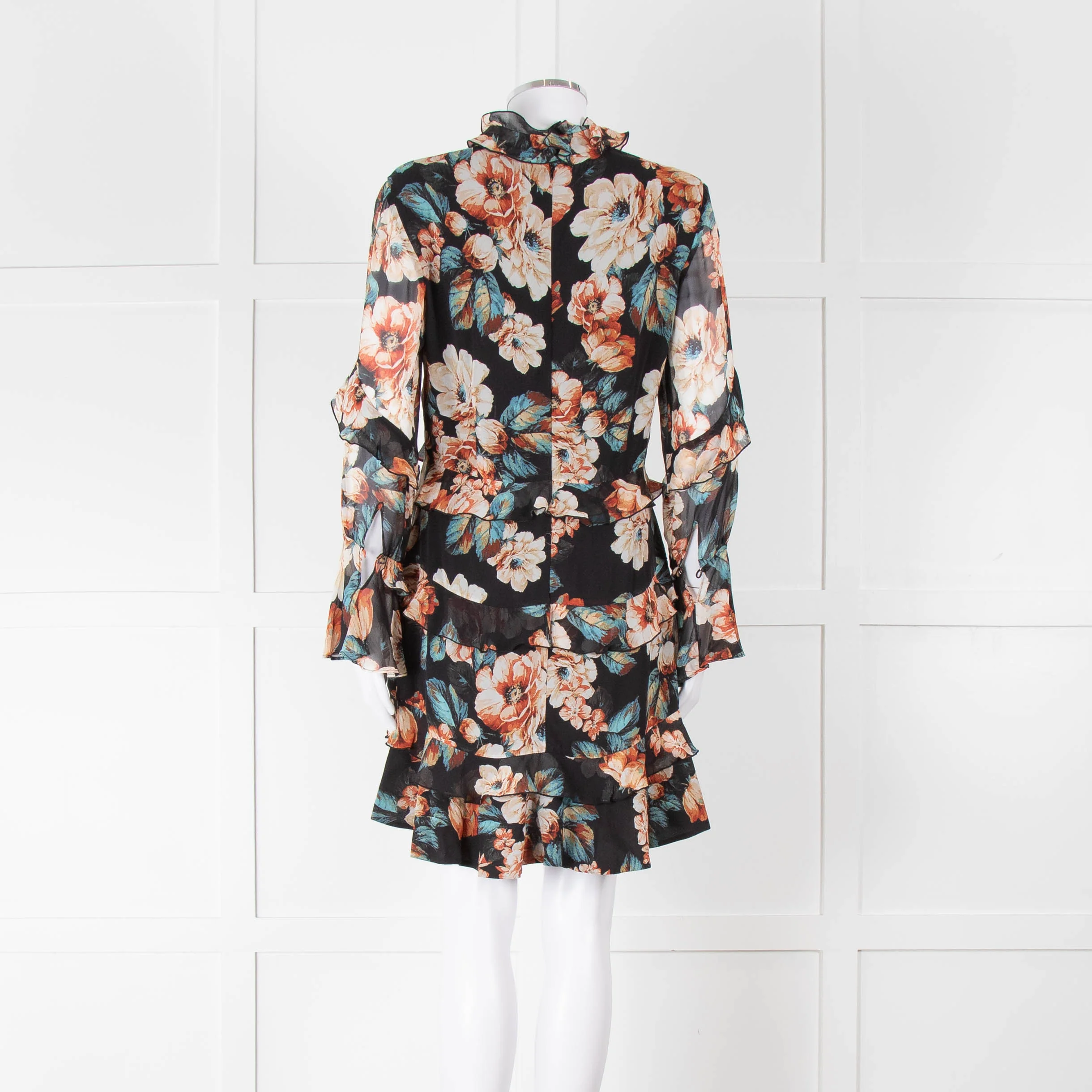 Nicholas Black Frilled Mini Dress with Orange and Blue Flowers - Image 5