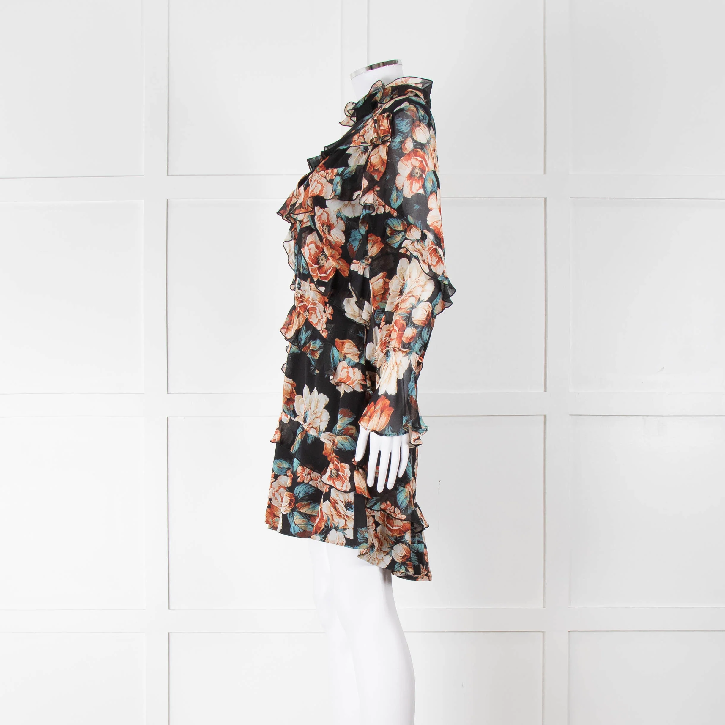 Nicholas Black Frilled Mini Dress with Orange and Blue Flowers - Image 6