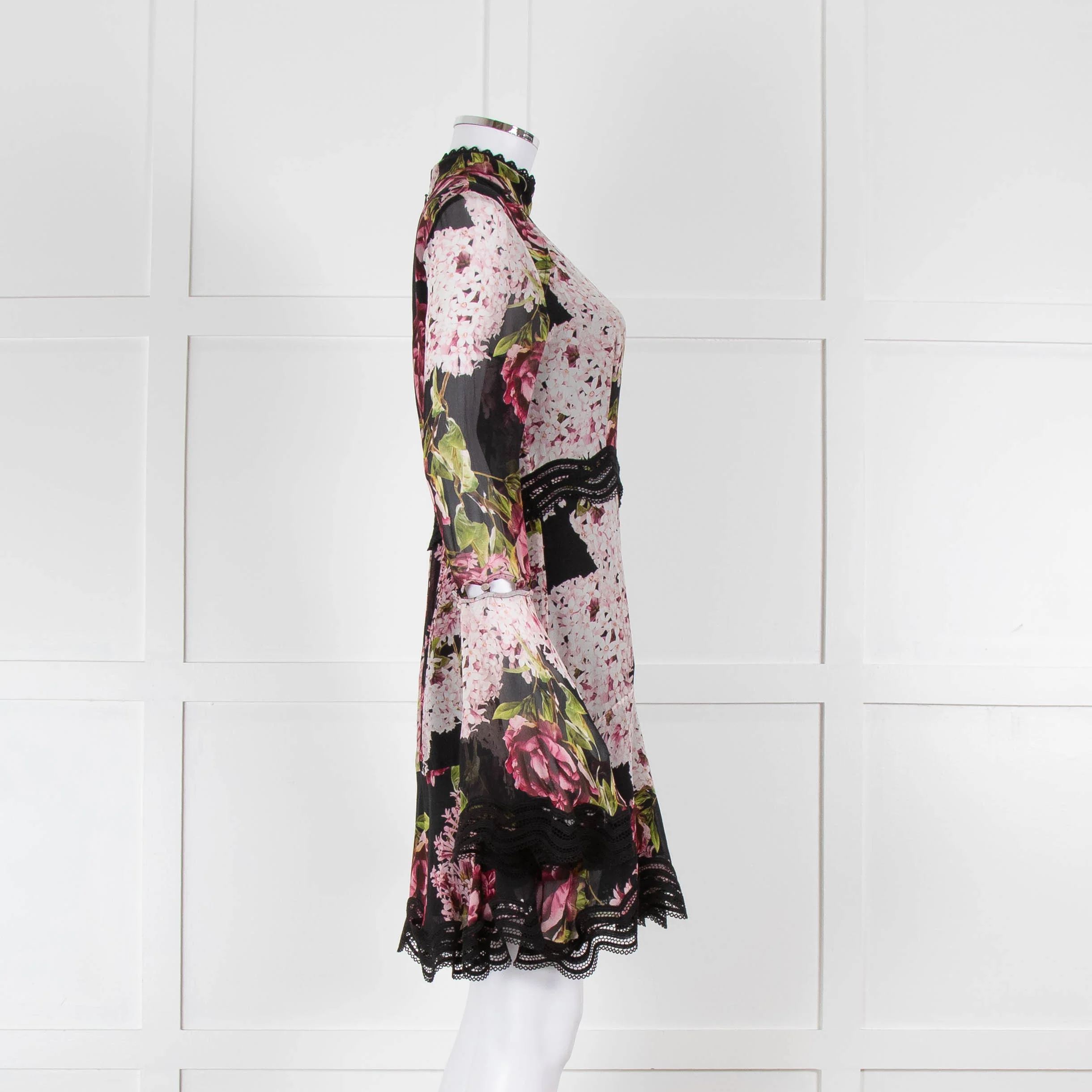 Nicholas Black High Neck Mini Dress with Large Pink Flowers - Image 3