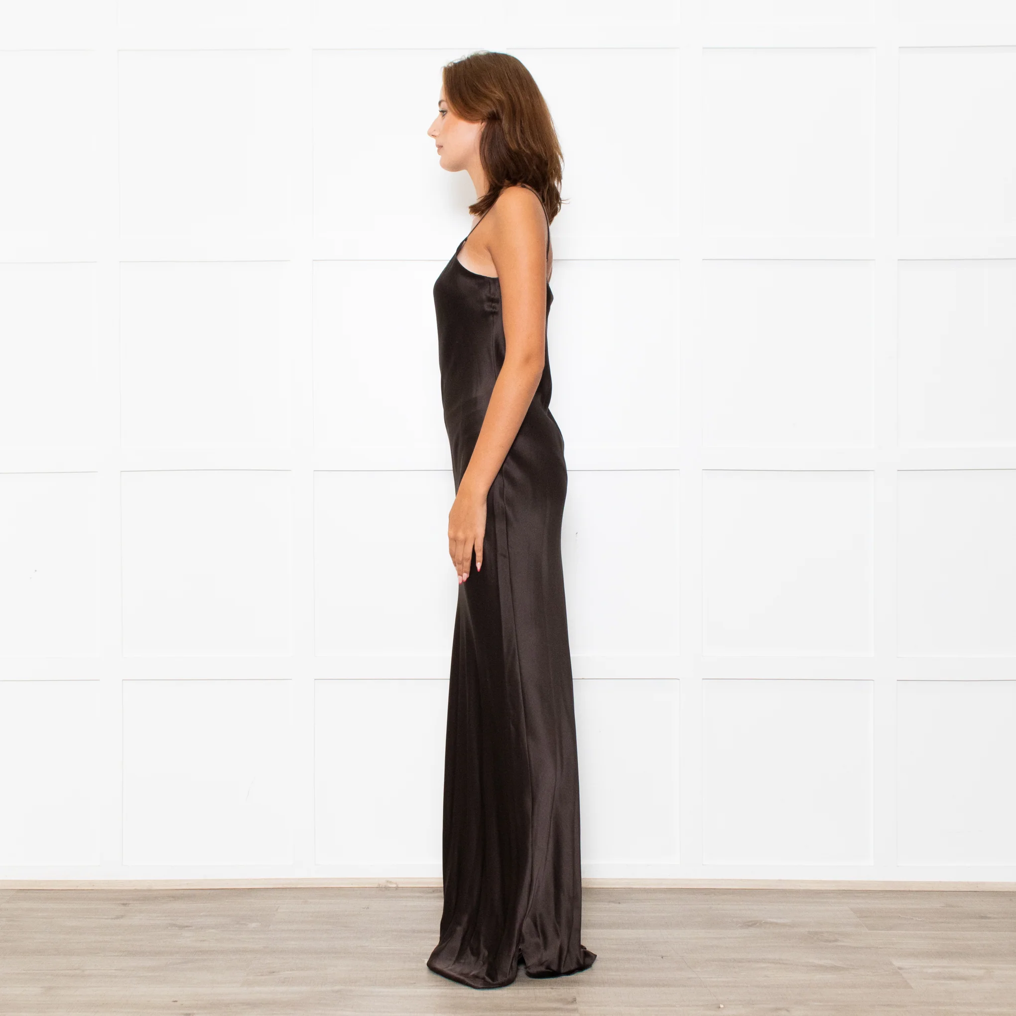 Nili Lotan Brown Satin Sleeveless Slip Dress - Image 3