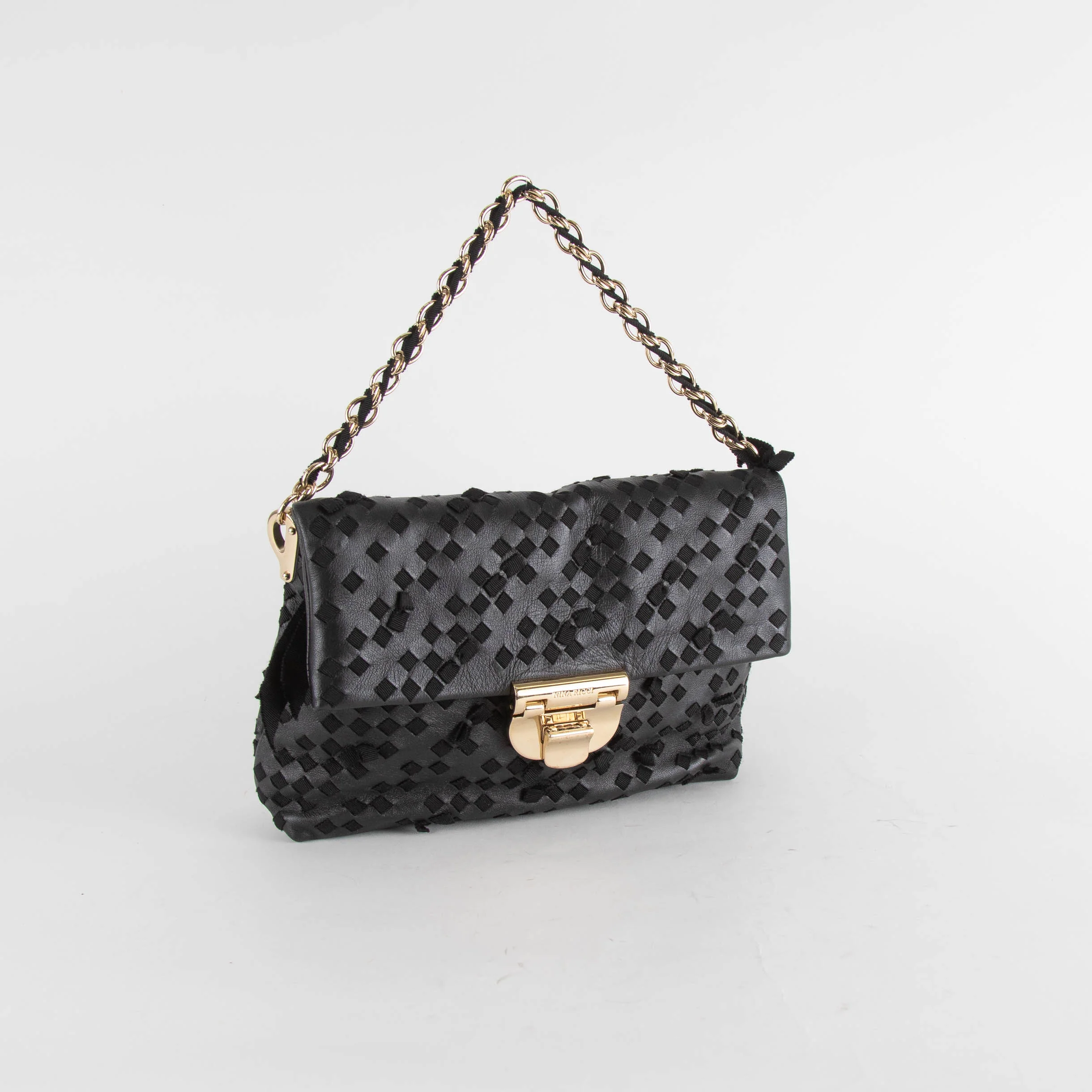 Nina Ricci Black Leather And Fabric Woven Small Shoulder Bag - Image 2