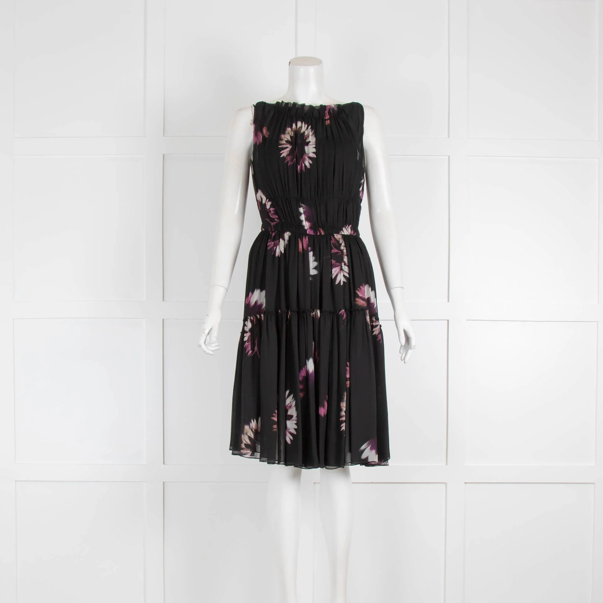 Nina Ricci Black Purple Floral Sleeveless Silk Dress