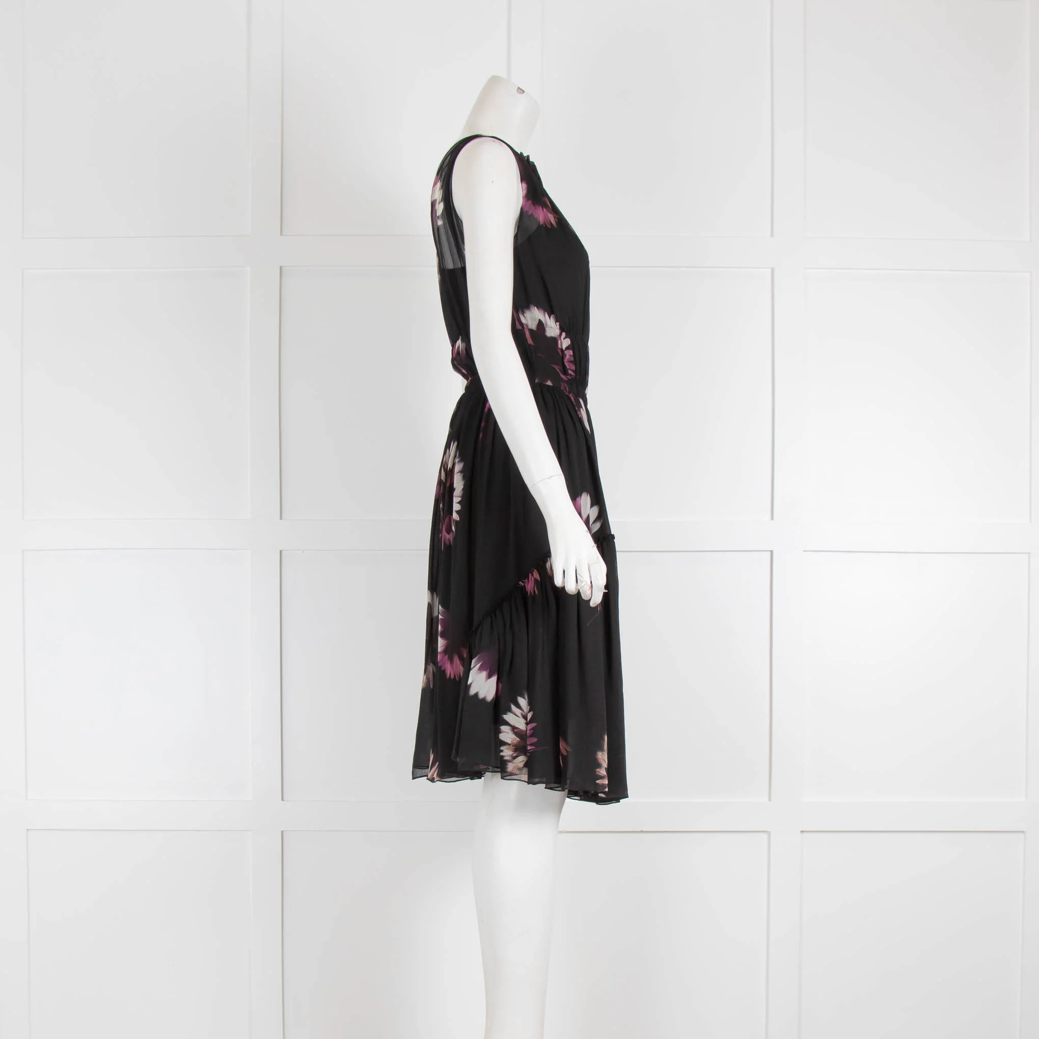 Nina Ricci Black Purple Floral Sleeveless Silk Dress - Image 2
