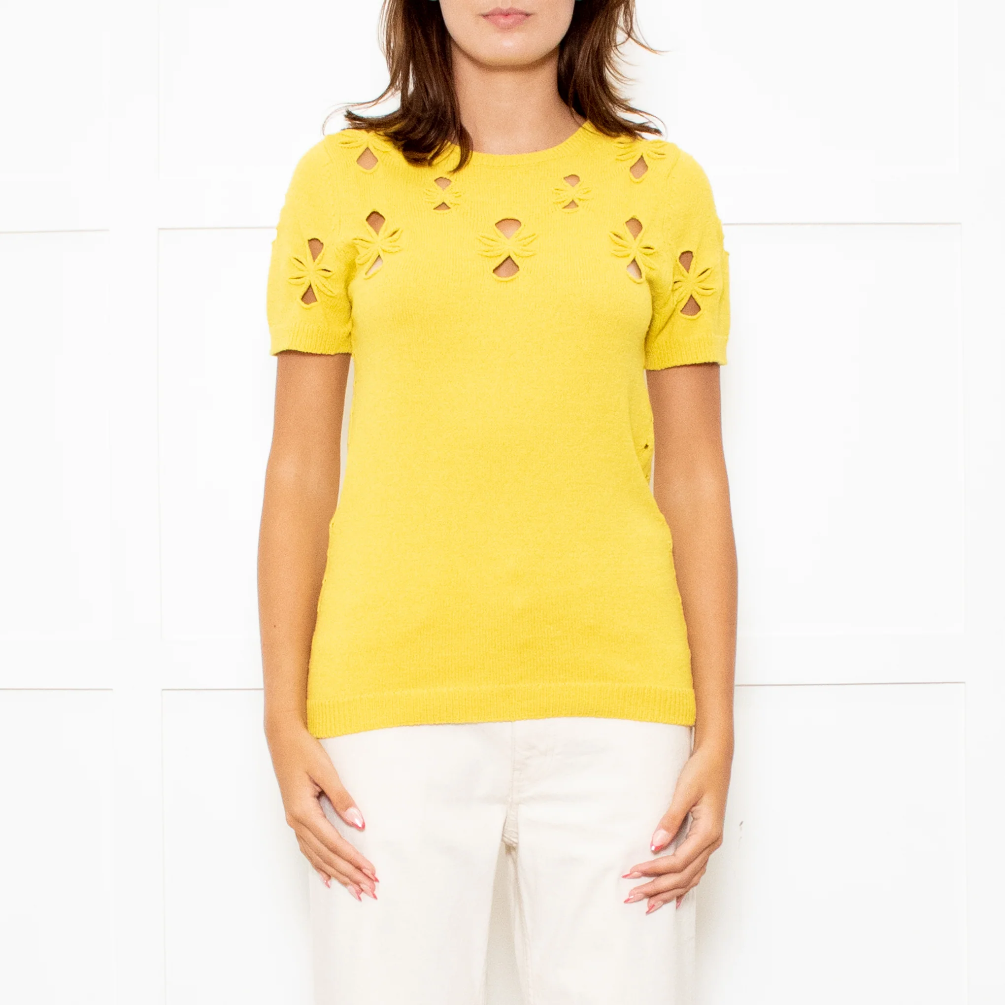 Nina Ricci Yellow Cut Out Detail Short Sleeve Jumper - Image 2