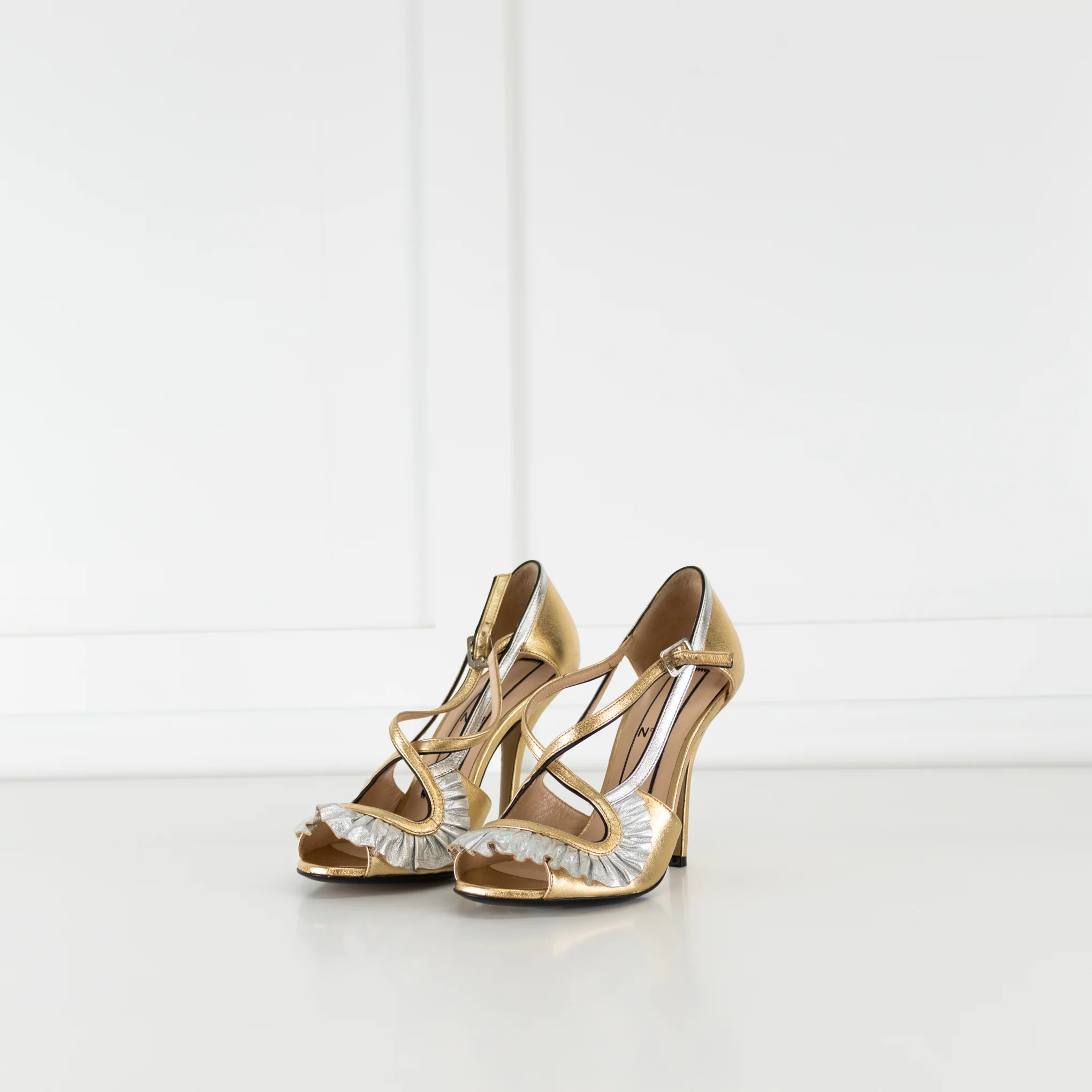 No 21 Gold Silver Leather Frill Trim Heeled Sandals