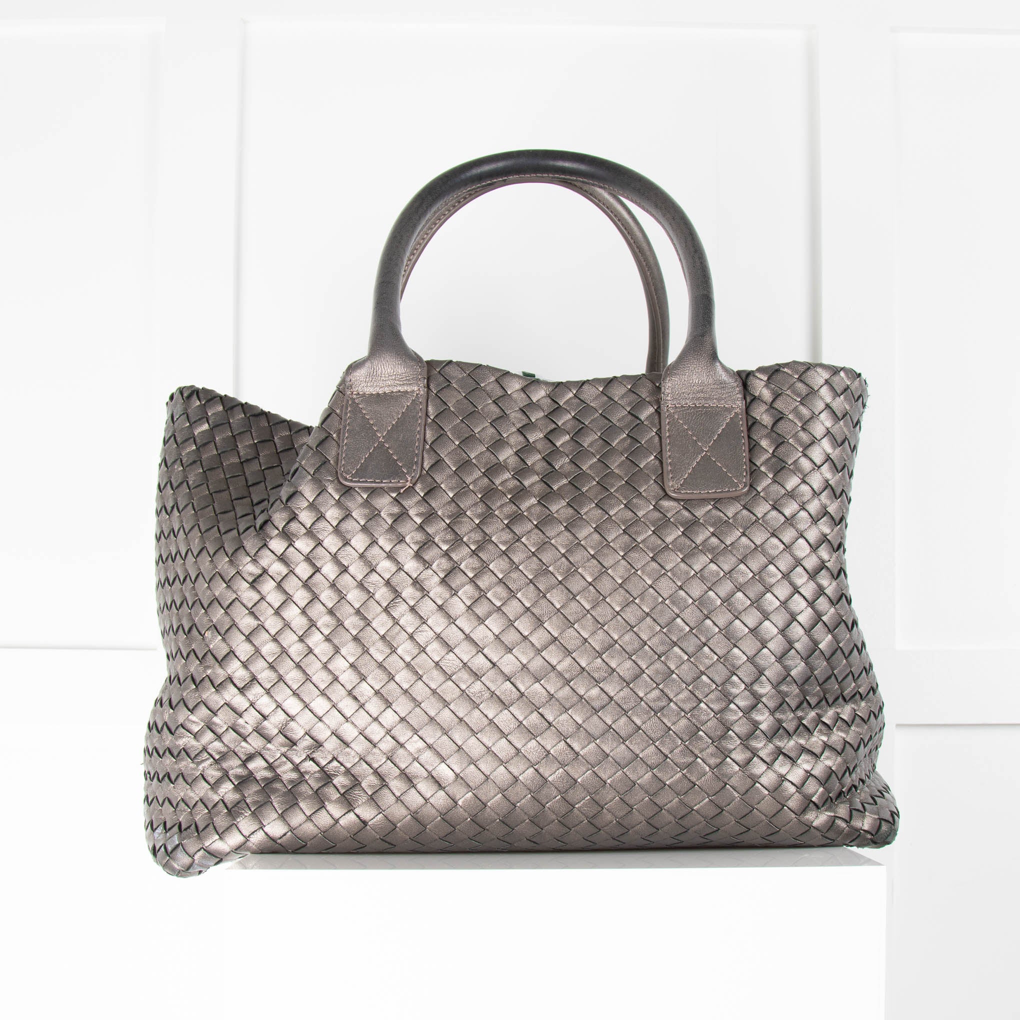 No Brand Metallic Grey Plaited Leather Tote