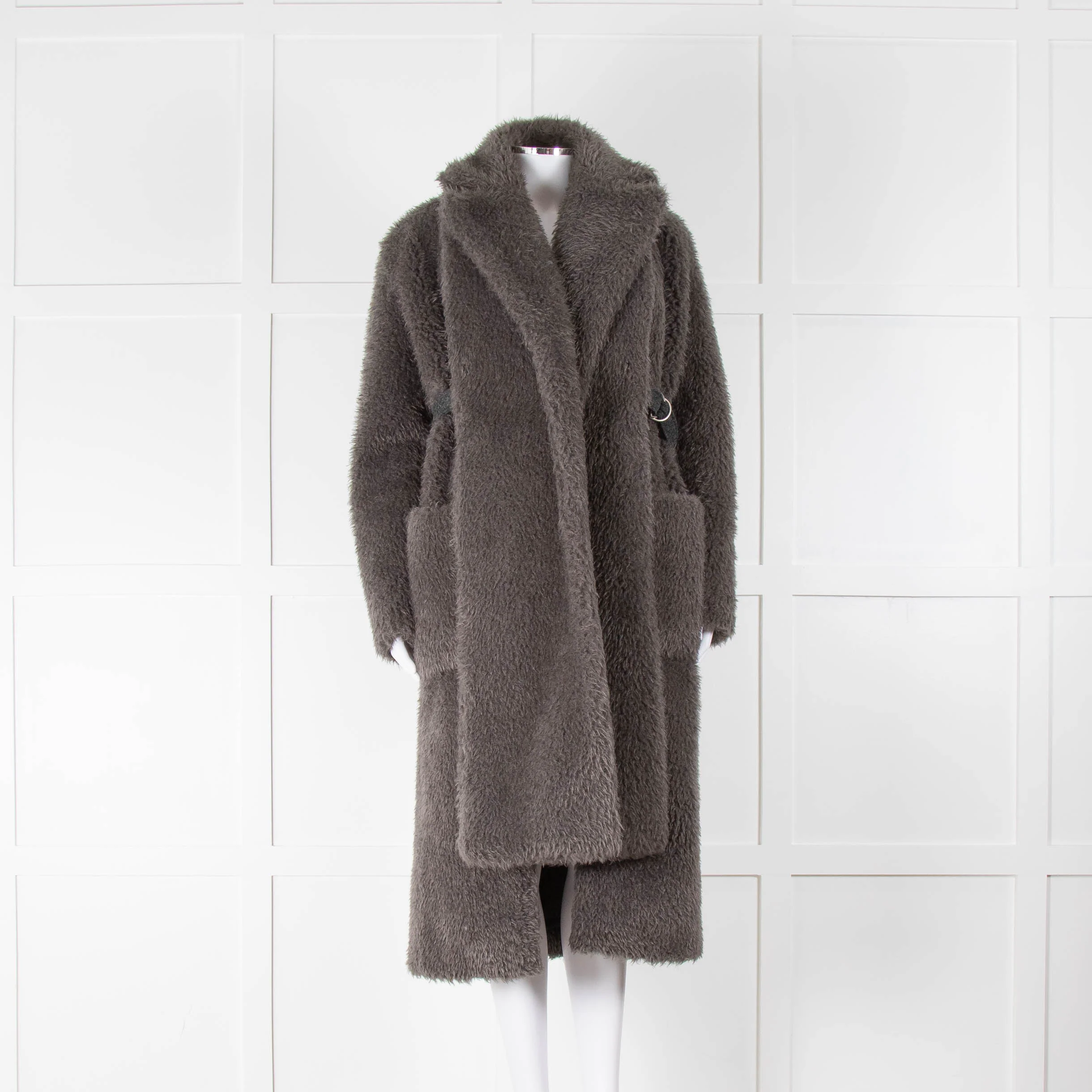 No Label Grey Faux Fur Coat With Detachable Scarf Collar