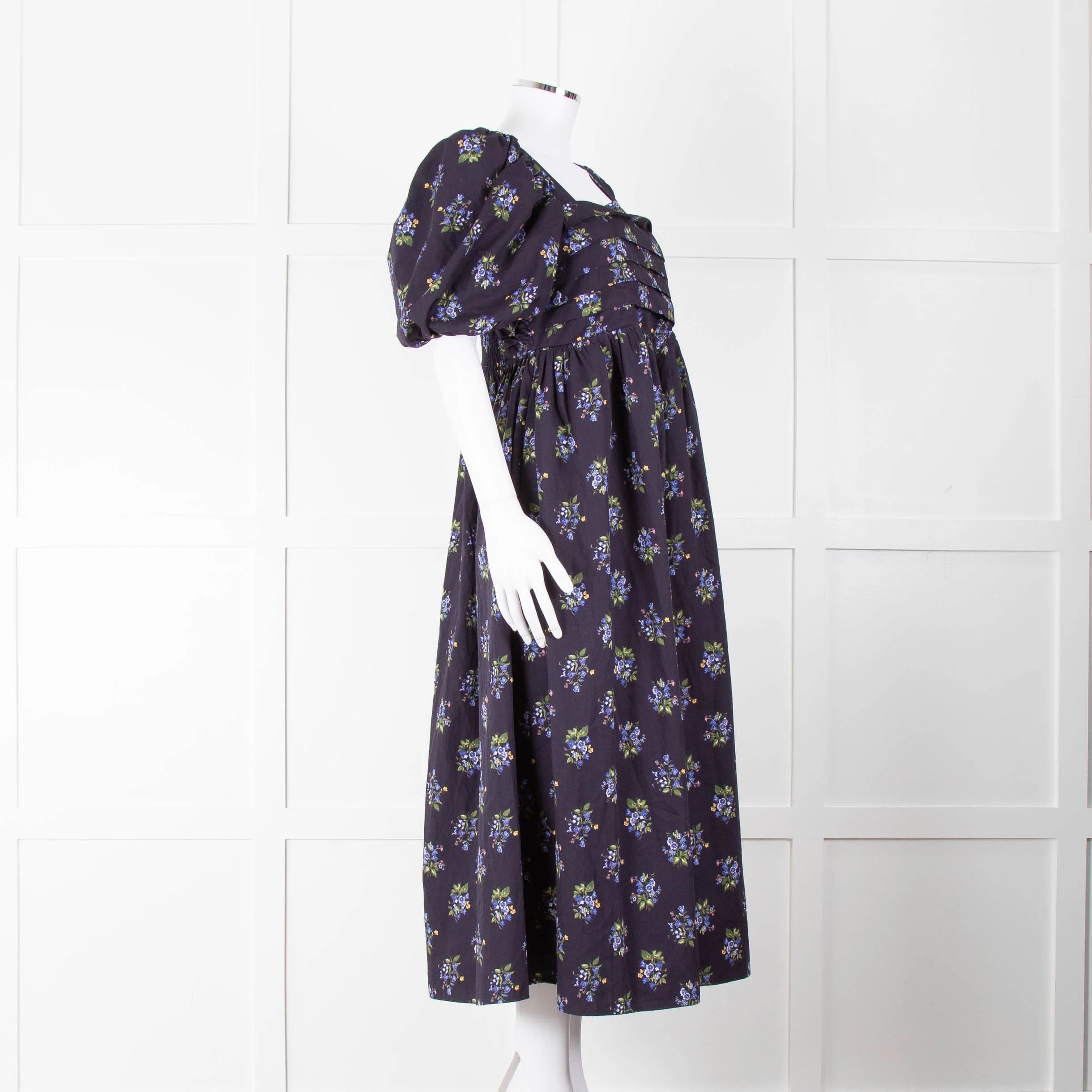 Nobody's Child Navy Purple Floral Puffed Sleeves Midi Cotton Dress - Image 2