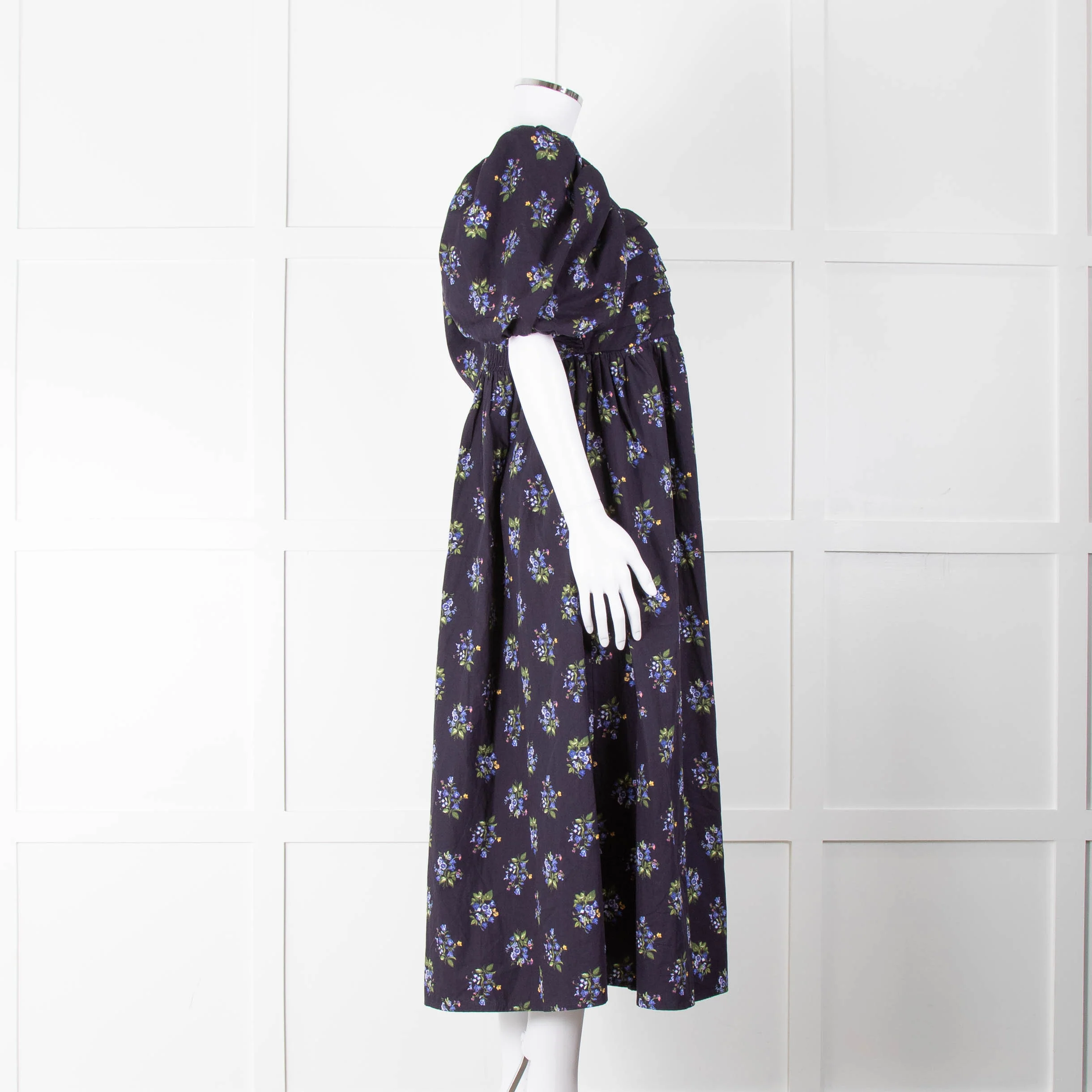 Nobody's Child Navy Purple Floral Puffed Sleeves Midi Cotton Dress - Image 3