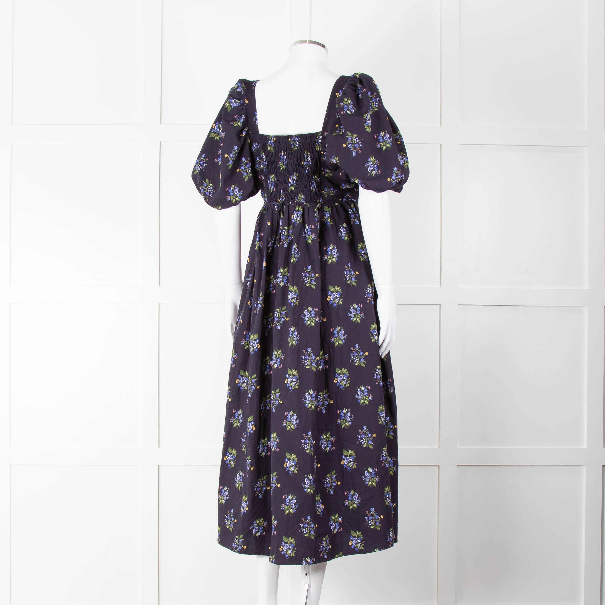 Nobody's Child Navy Purple Floral Puffed Sleeves Midi Cotton Dress - Image 4