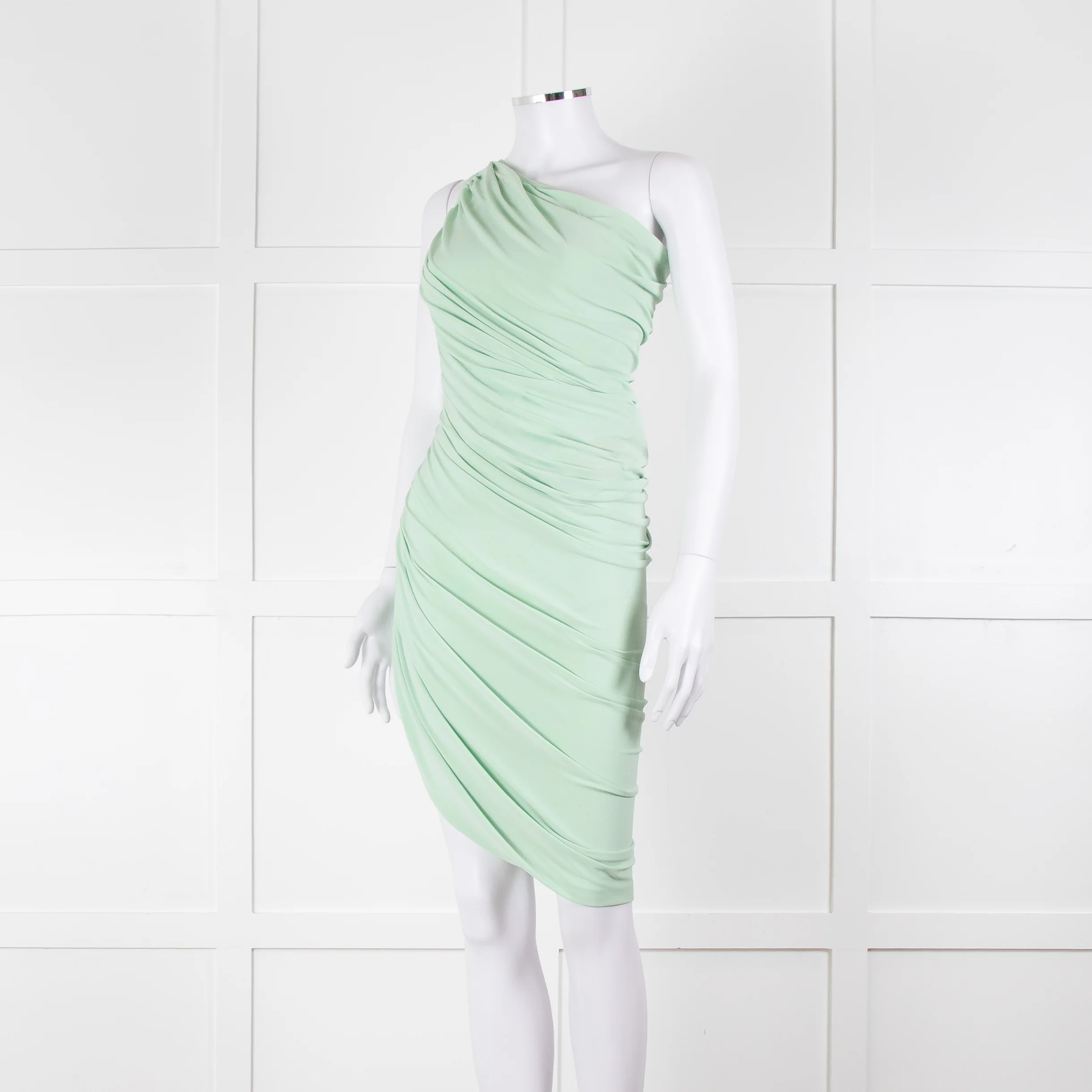 Norma Kamali Pistachio One Shoulder Ruched Dress - Image 8