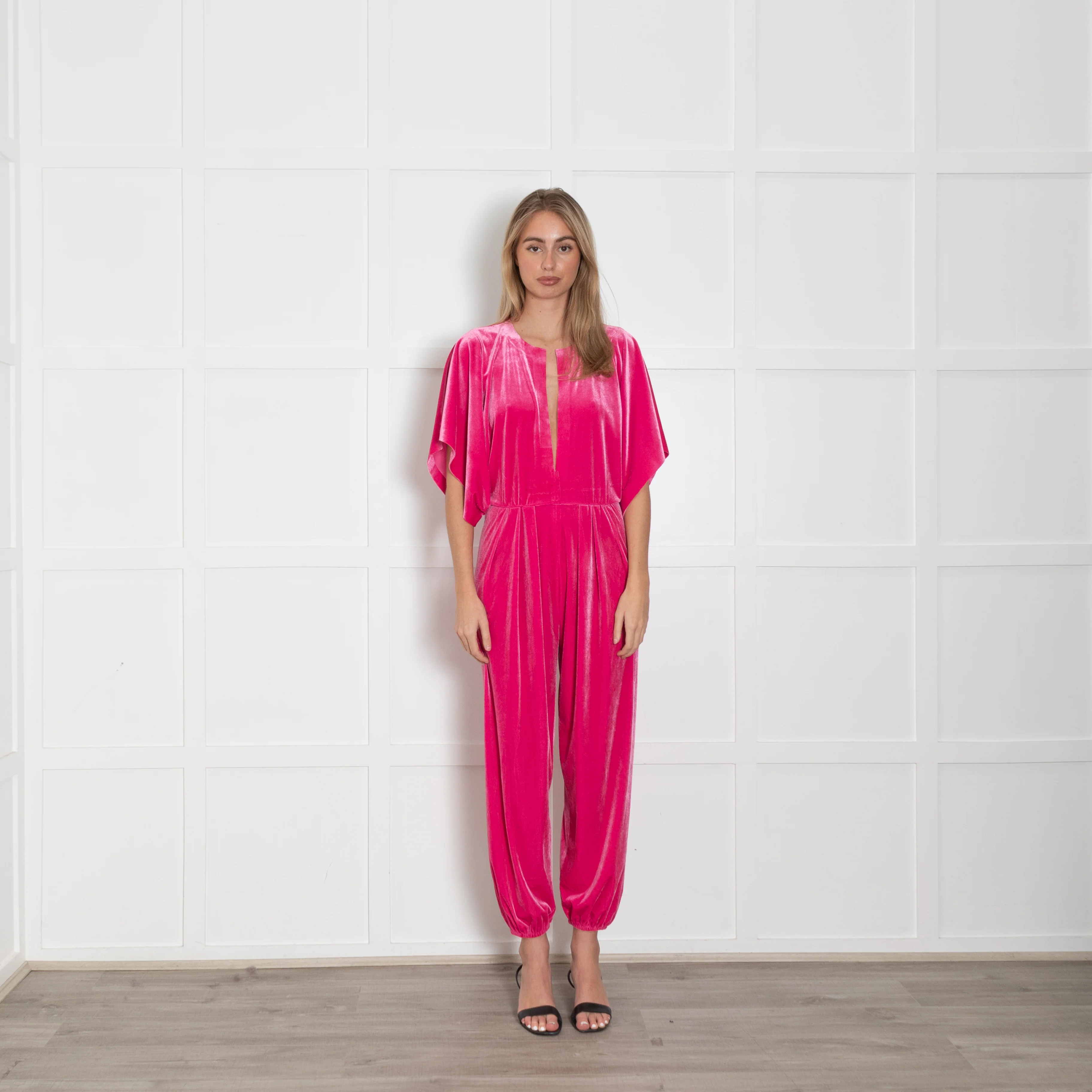 Norma Kamali Rose Pink Velvet Short Sleeve Jumpsuit