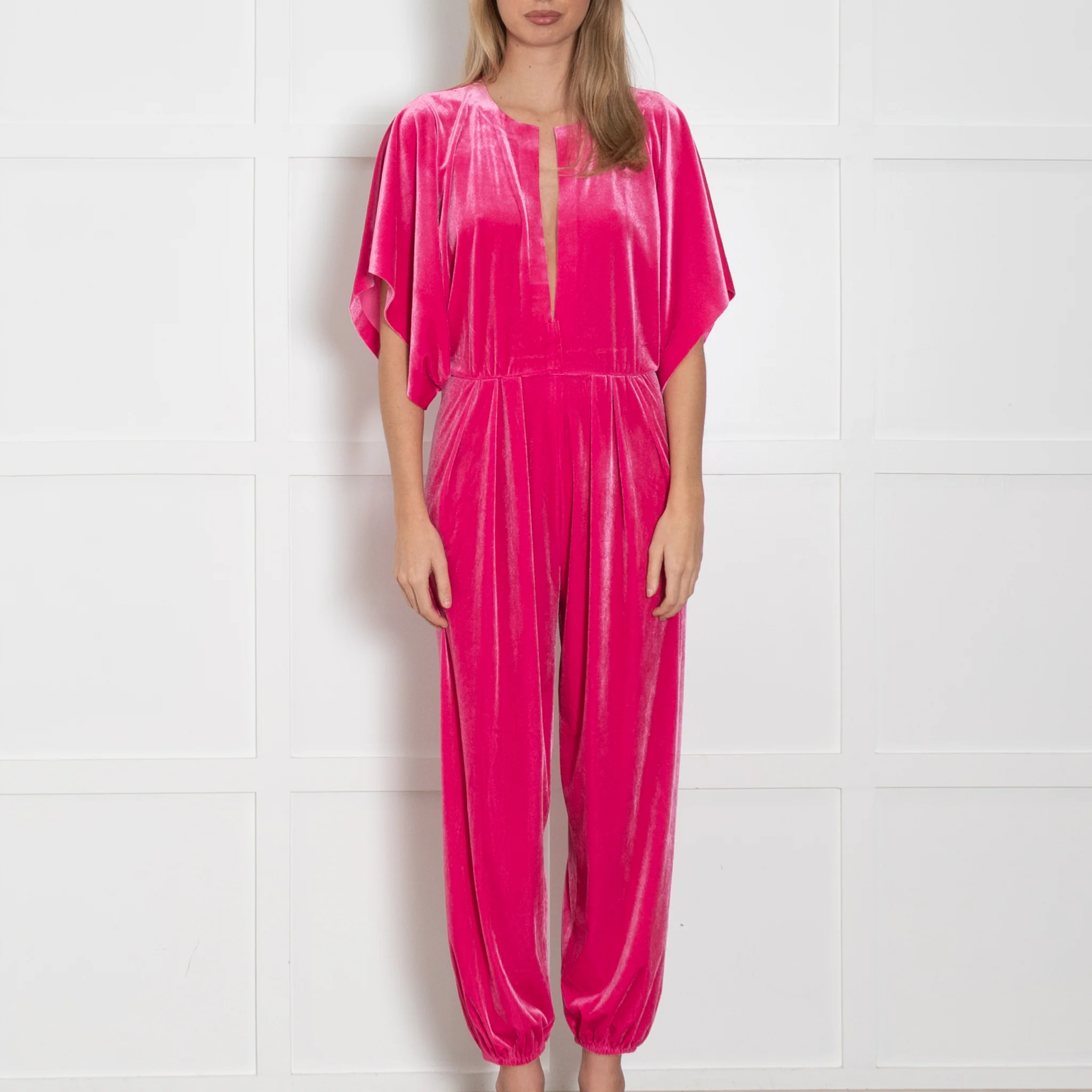 Norma Kamali Rose Pink Velvet Short Sleeve Jumpsuit - Image 2