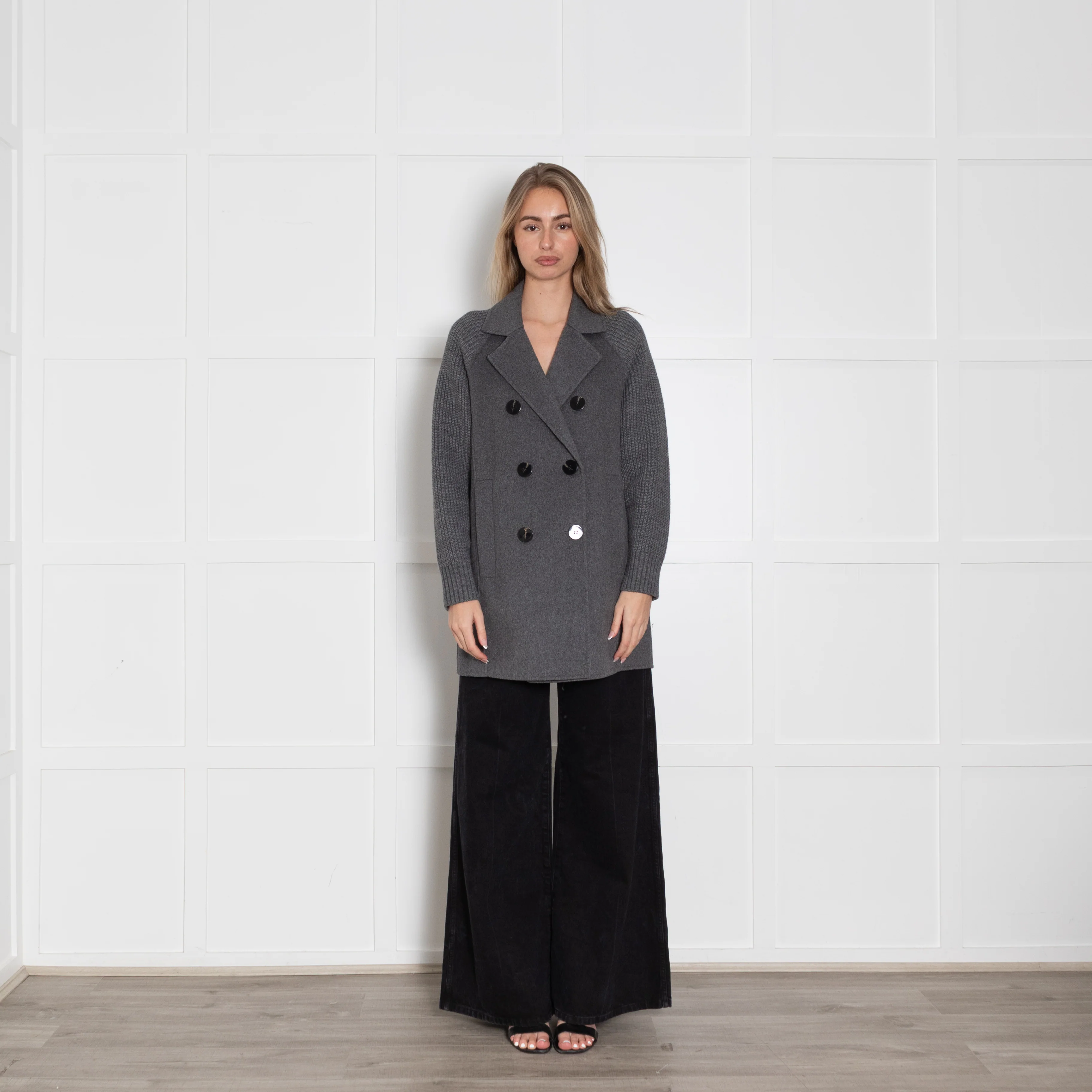 Notshy Grey Wool Knitted Sleeve Double Breasted Coat