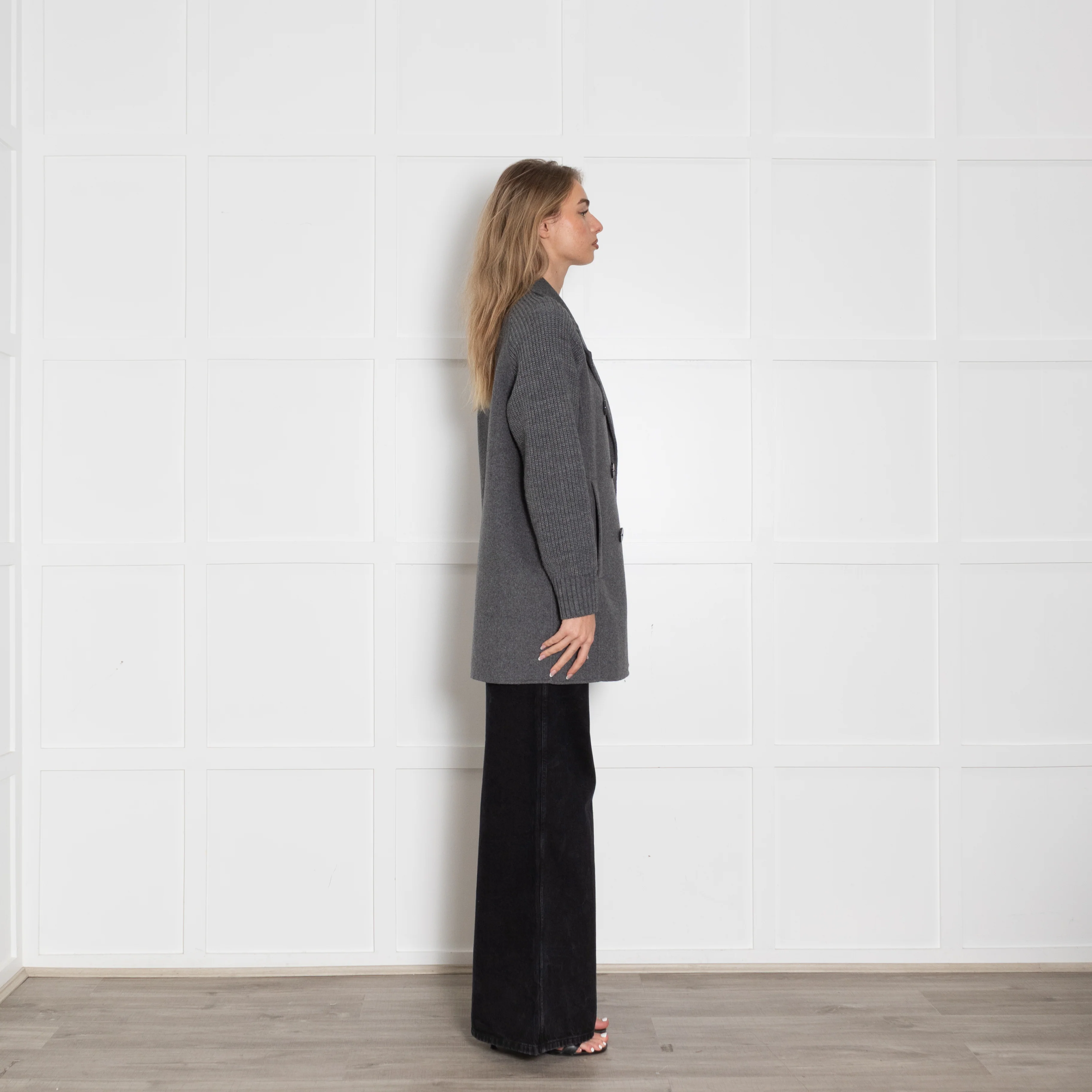 Notshy Grey Wool Knitted Sleeve Double Breasted Coat - Image 6