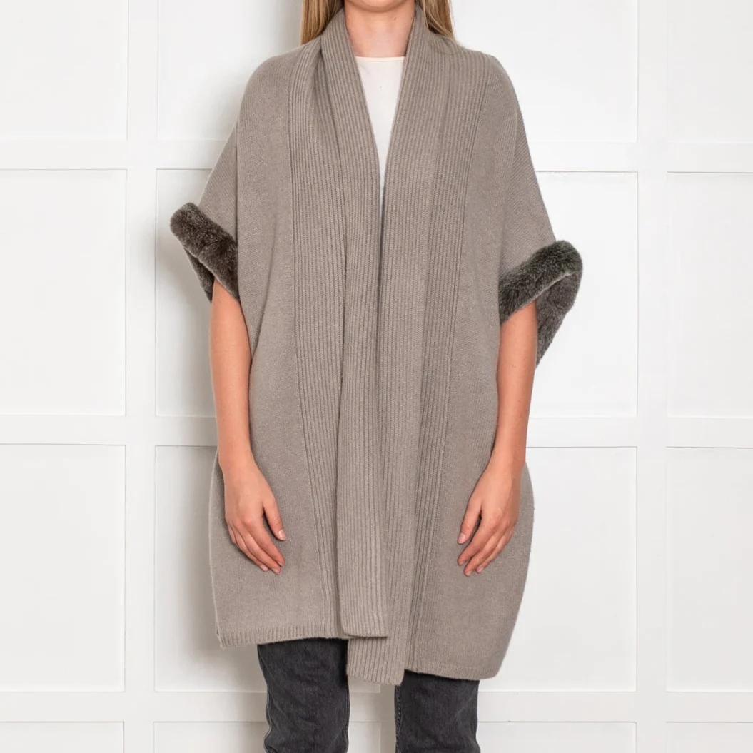 N.Peal Taupe Grey Cashmere Rabbit Fur Trim Sleeveless Cardigan - Image 2