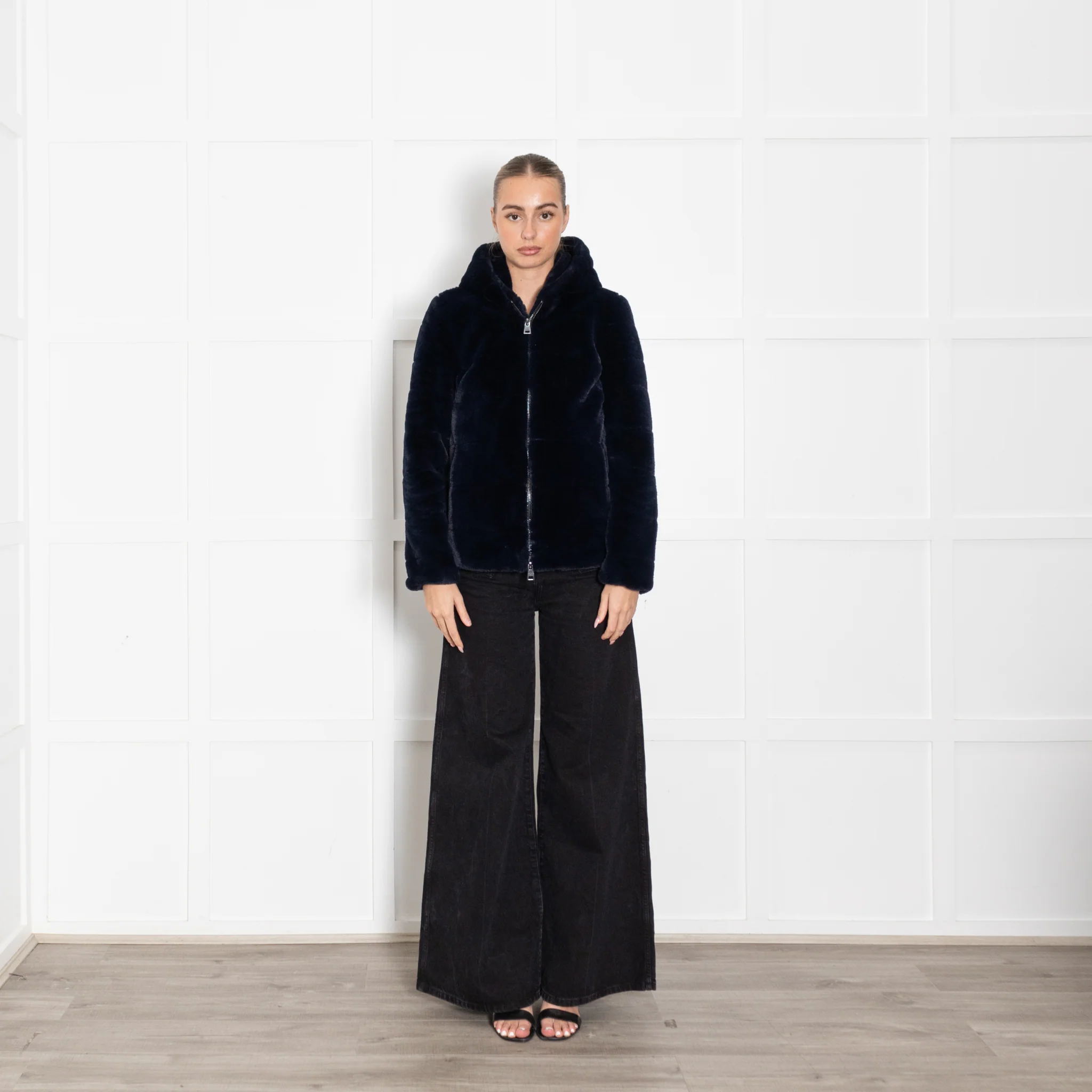 Oakwood Navy Blue Faux Fur Hooded Jacket
