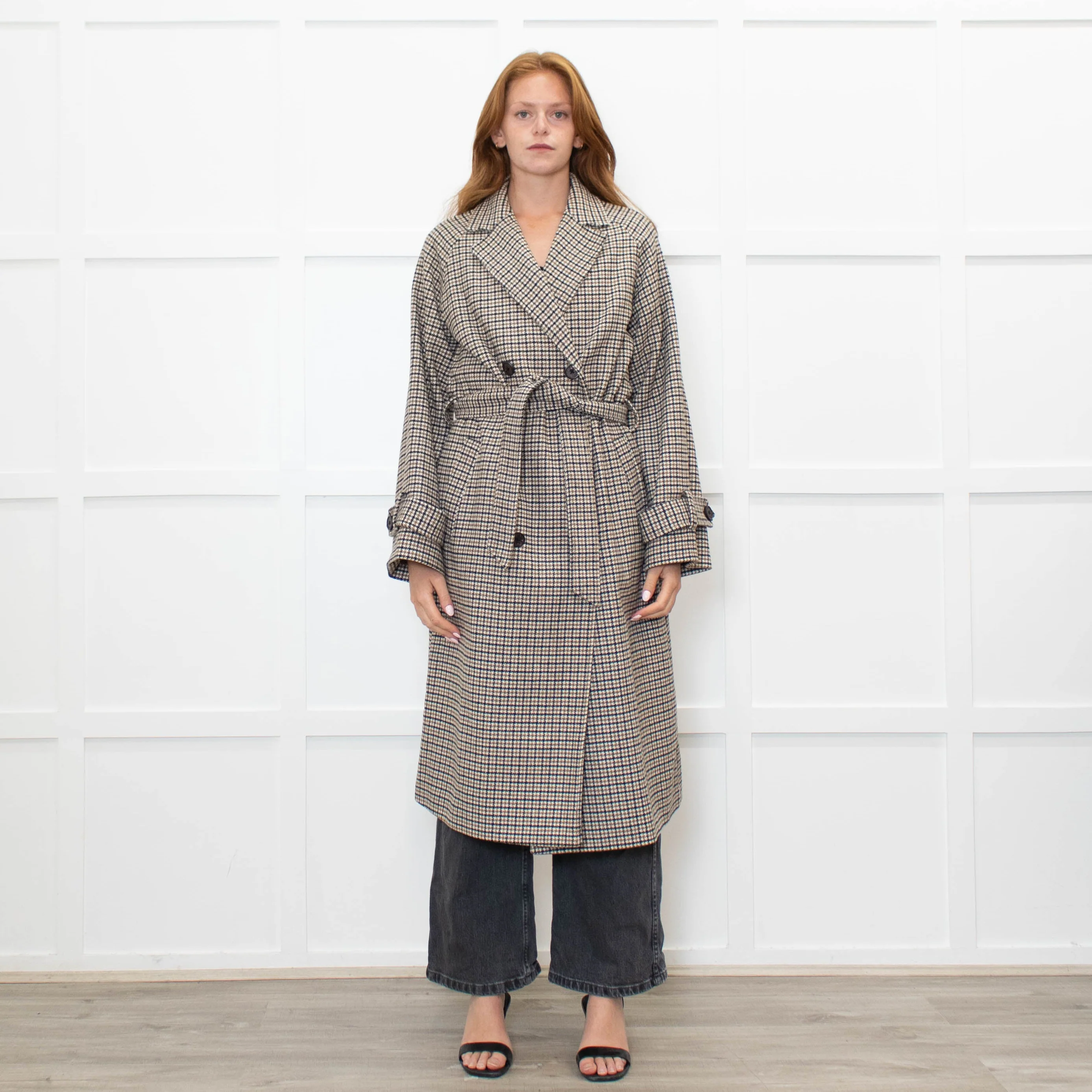 .Object Green and Black Check Tweed Style Double Breasted Coat