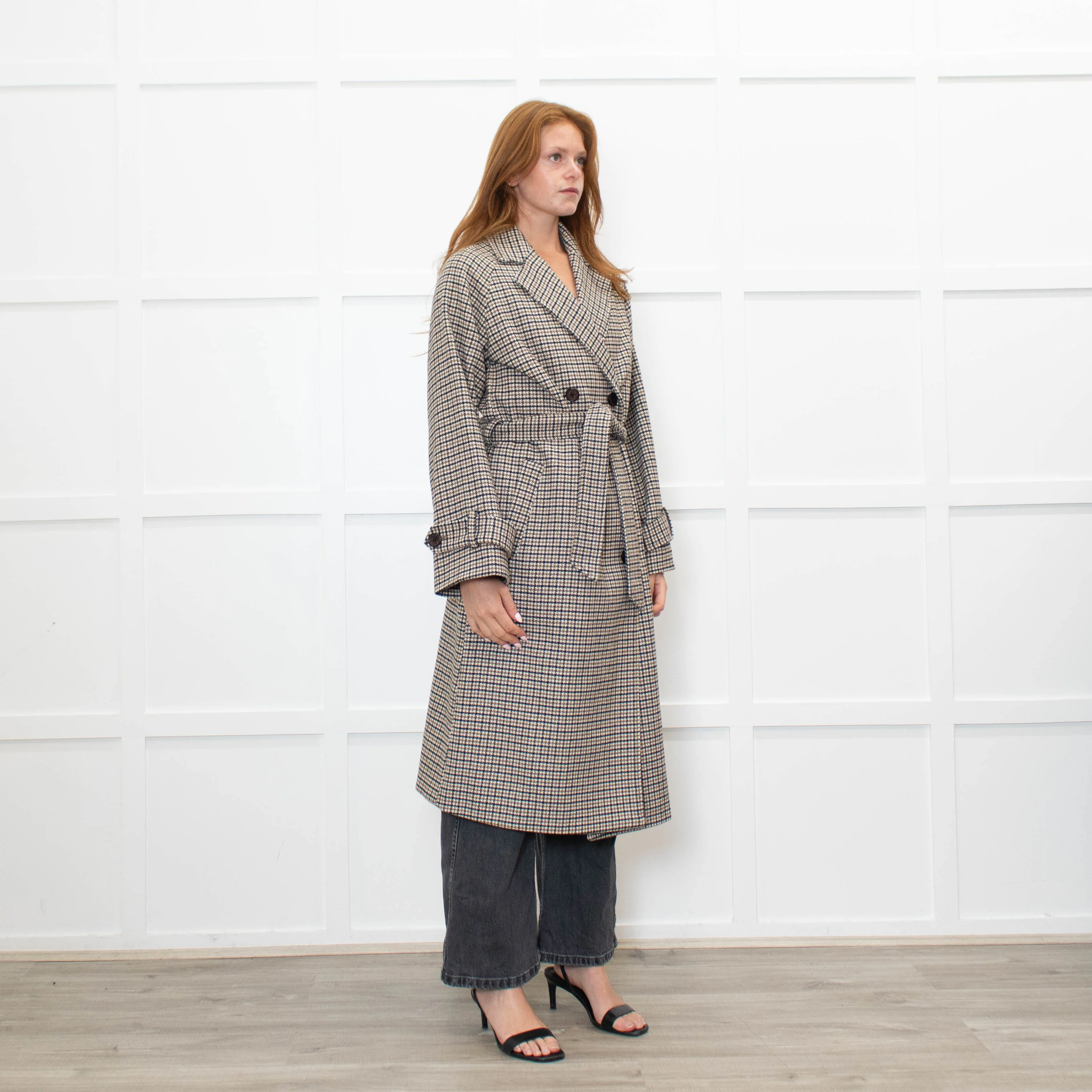 .Object Green and Black Check Tweed Style Double Breasted Coat - Image 7