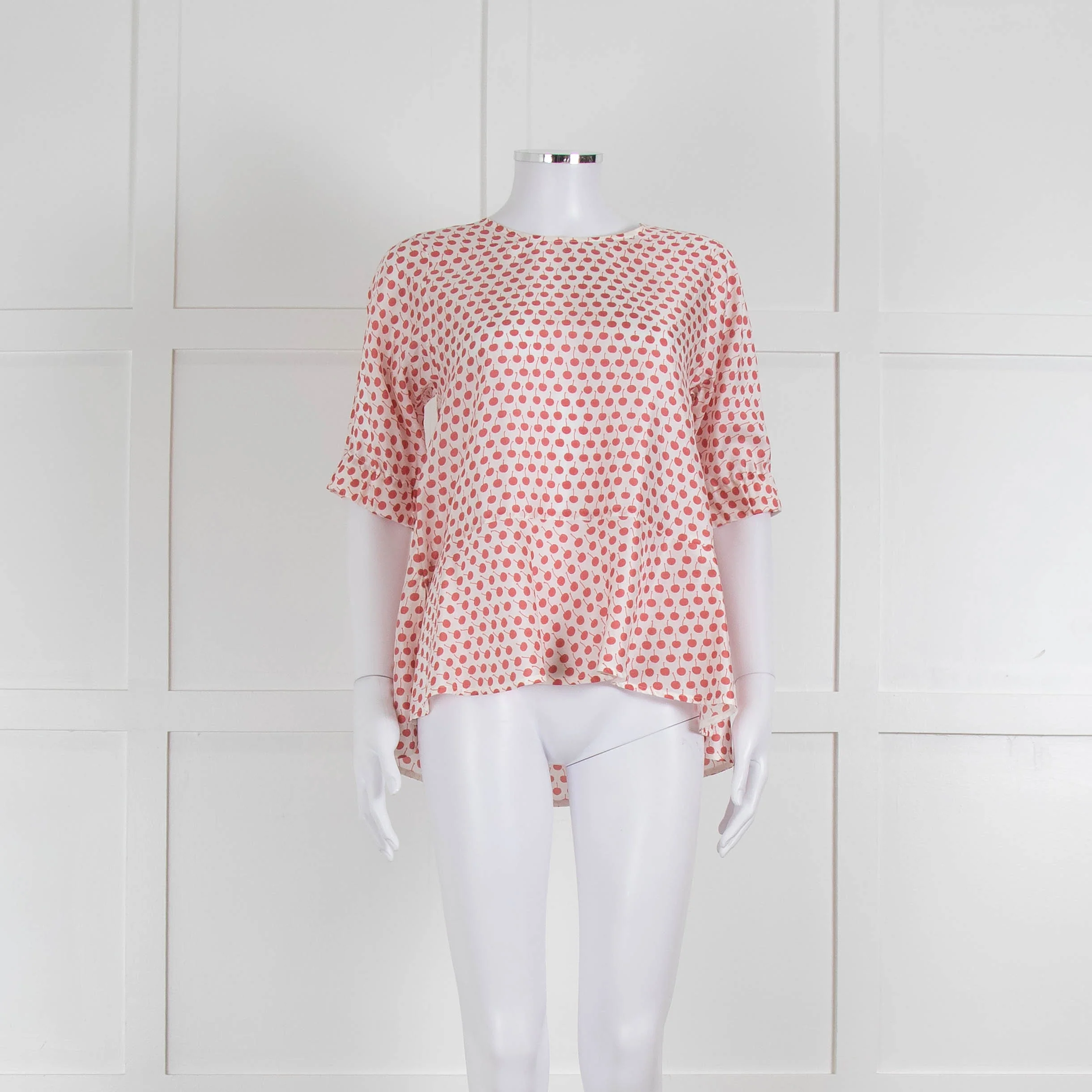 Odeeh White Silk Cherry Print 3/4 Length Sleeve Blouse