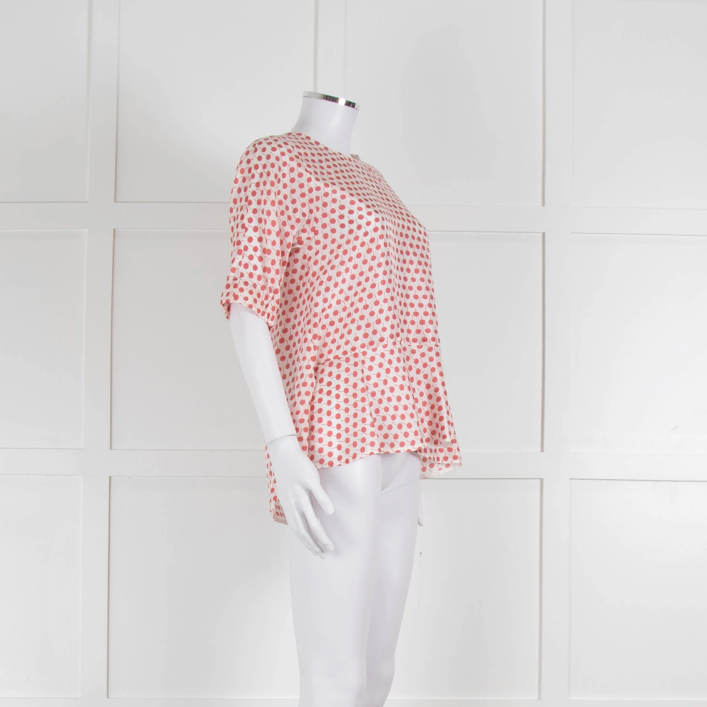 Odeeh White Silk Cherry Print 3/4 Length Sleeve Blouse - Image 2