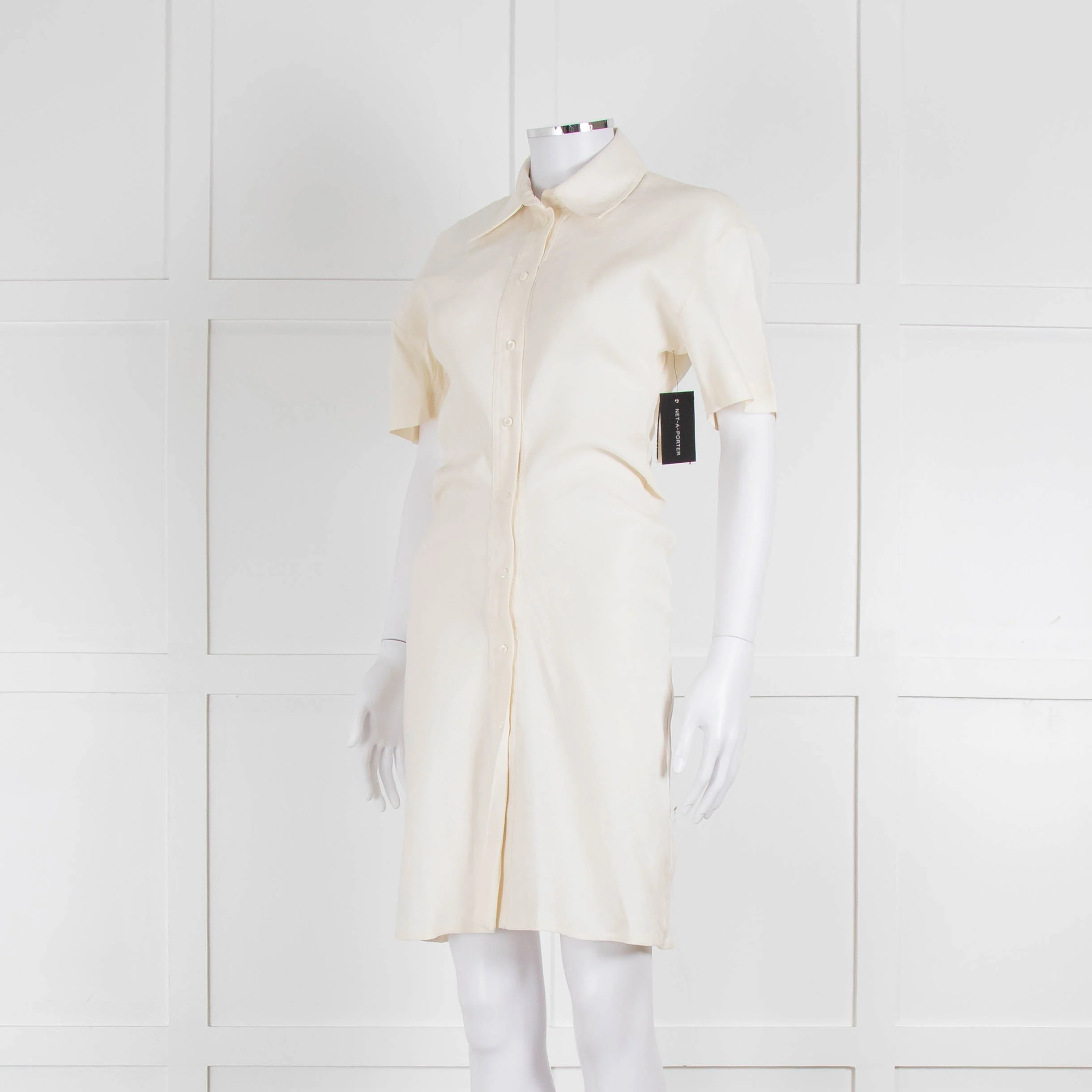 Off-White Cream Linen Blend Buttoned Up Short Sleeve Dress - Image 8