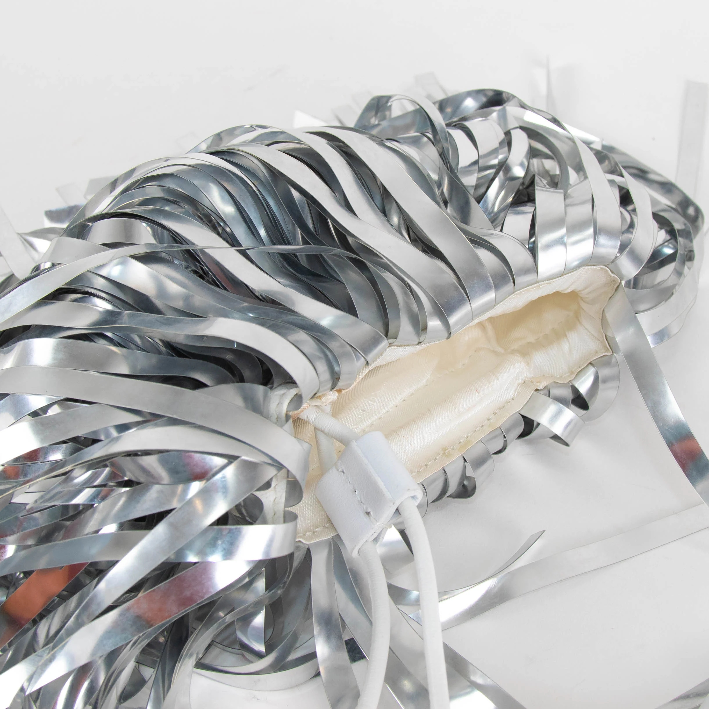 Off White Silver PVC Draw String Fringe Bag - Image 6