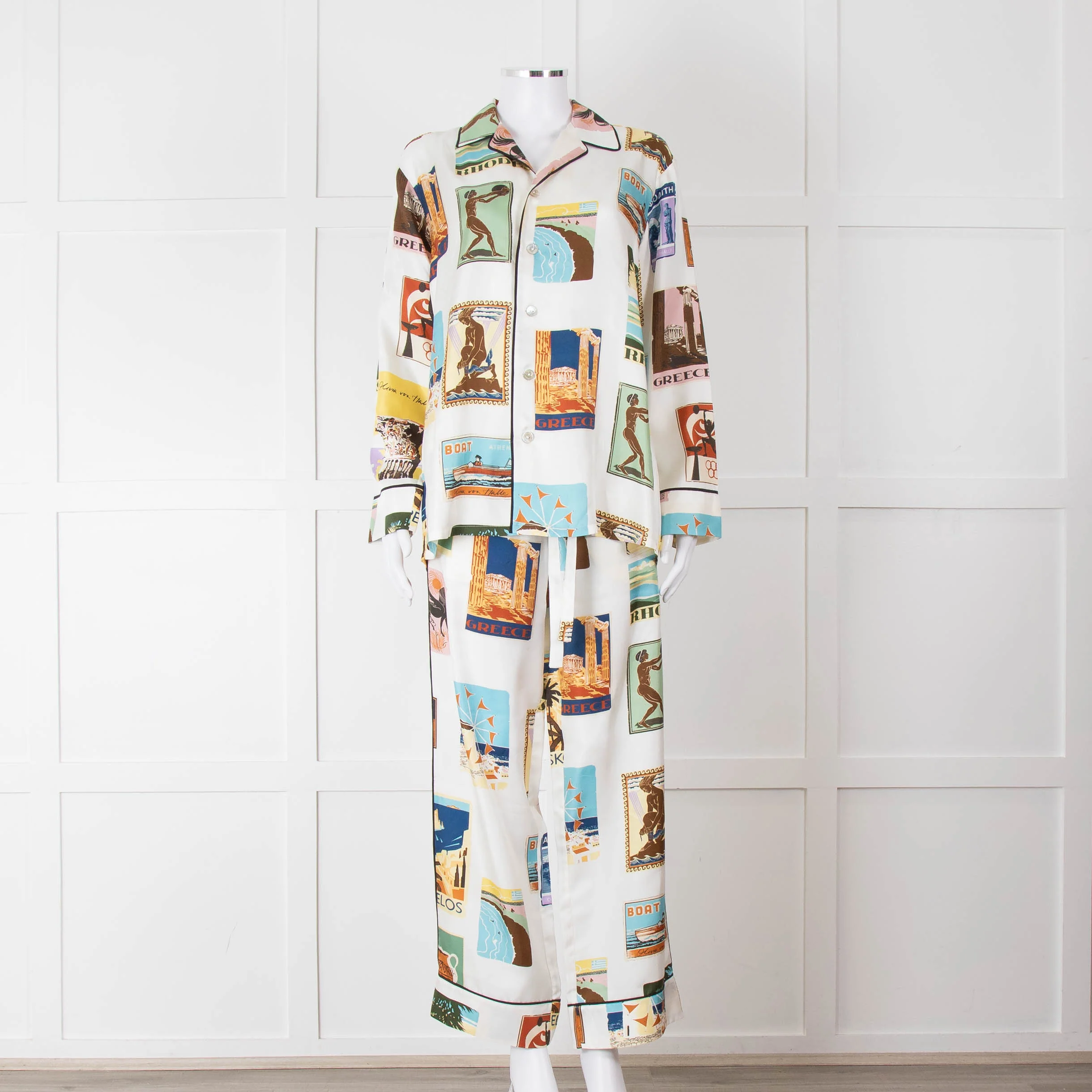 Olivia Von Halle Cream City Stamp Print Silk Pyjama Set