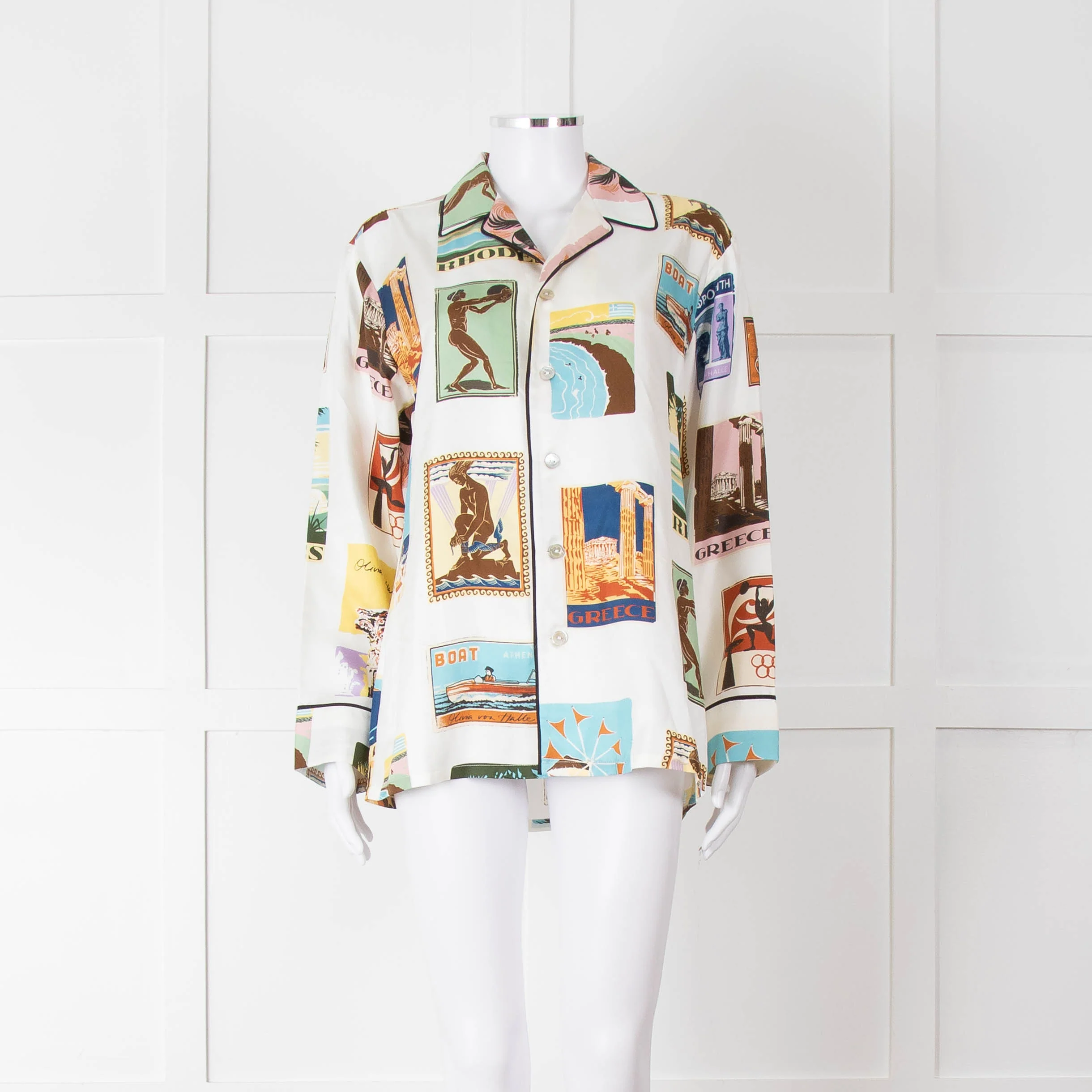 Olivia Von Halle Cream City Stamp Print Silk Pyjama Set - Image 10