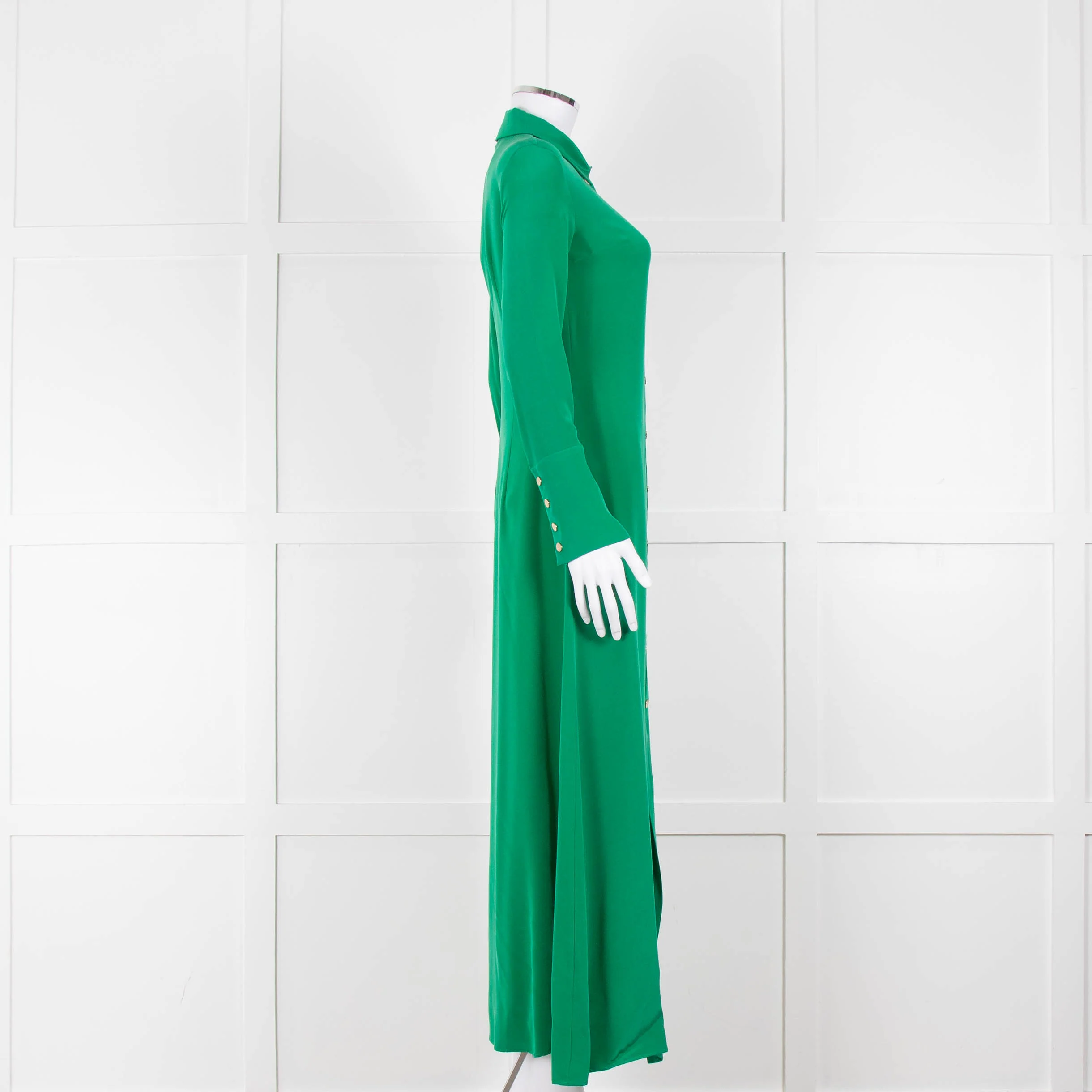 Olivia von Halle Green Silk Maxi Shirt Dress with Gold Buttons - Image 3