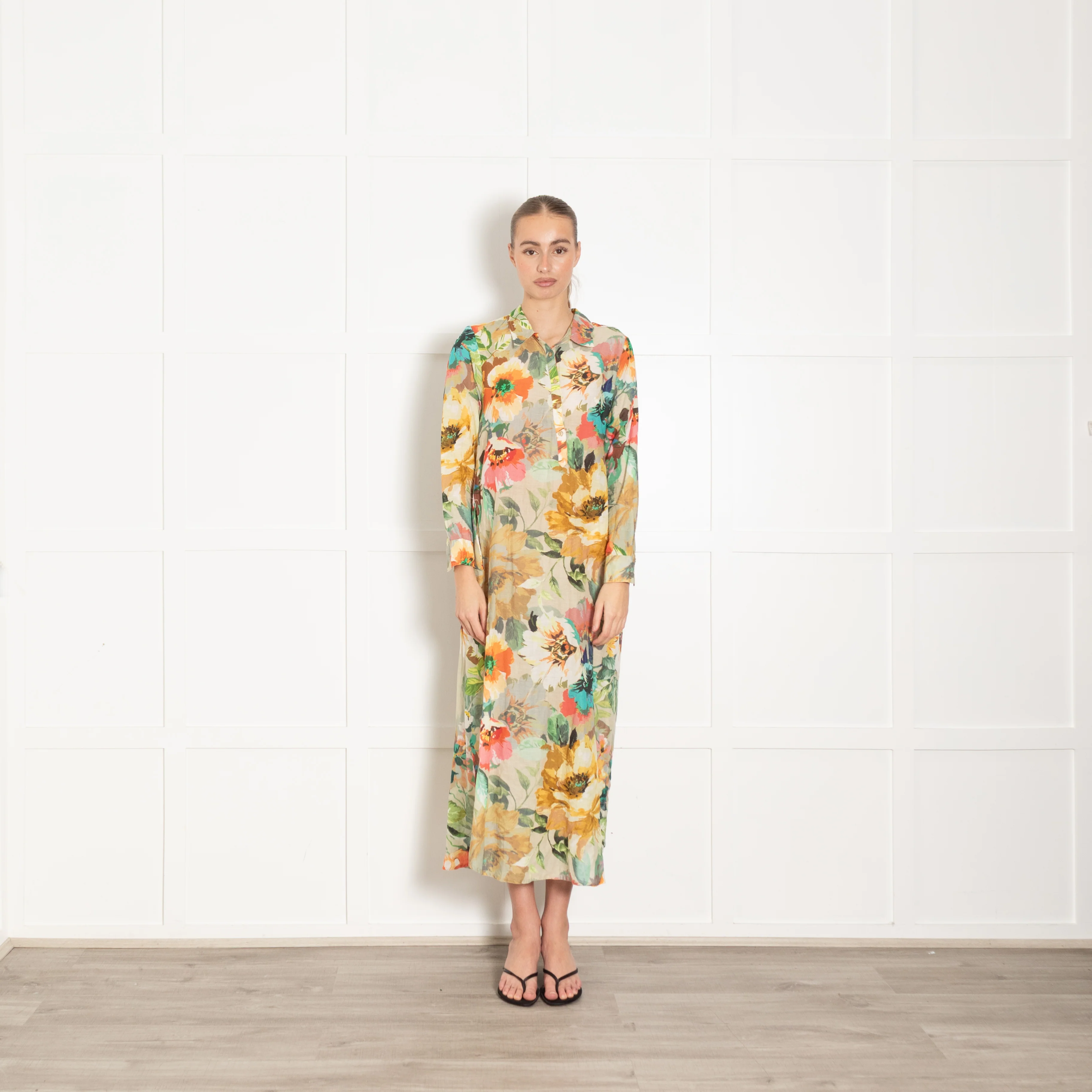 One Season Yellow Pink Green Floral Cotton Shirt Dress
