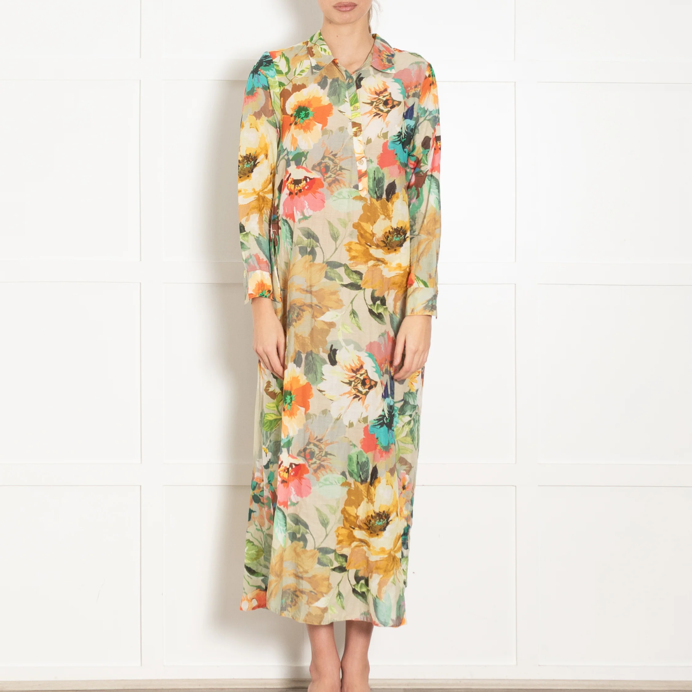 One Season Yellow Pink Green Floral Cotton Shirt Dress - Image 2