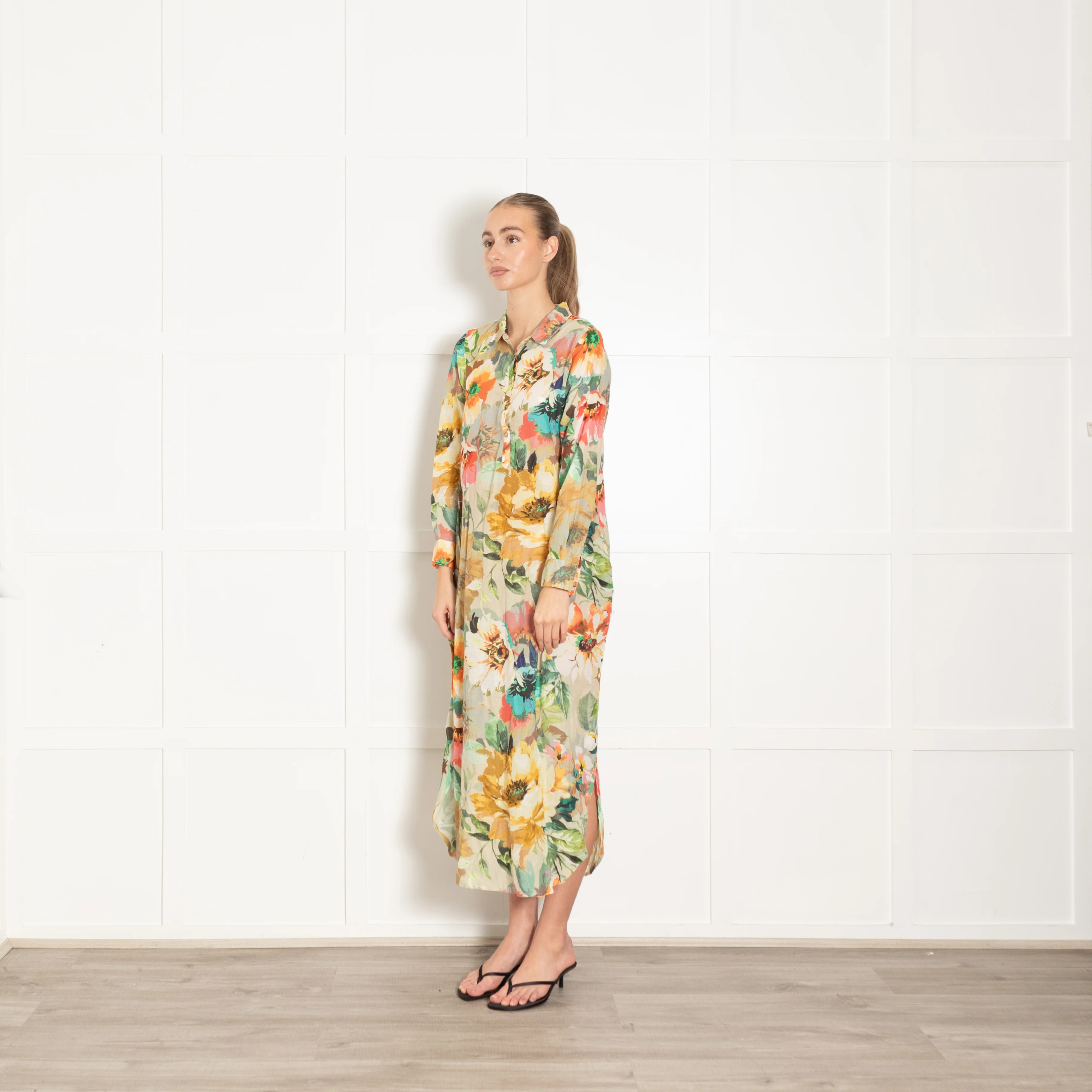 One Season Yellow Pink Green Floral Cotton Shirt Dress - Image 3