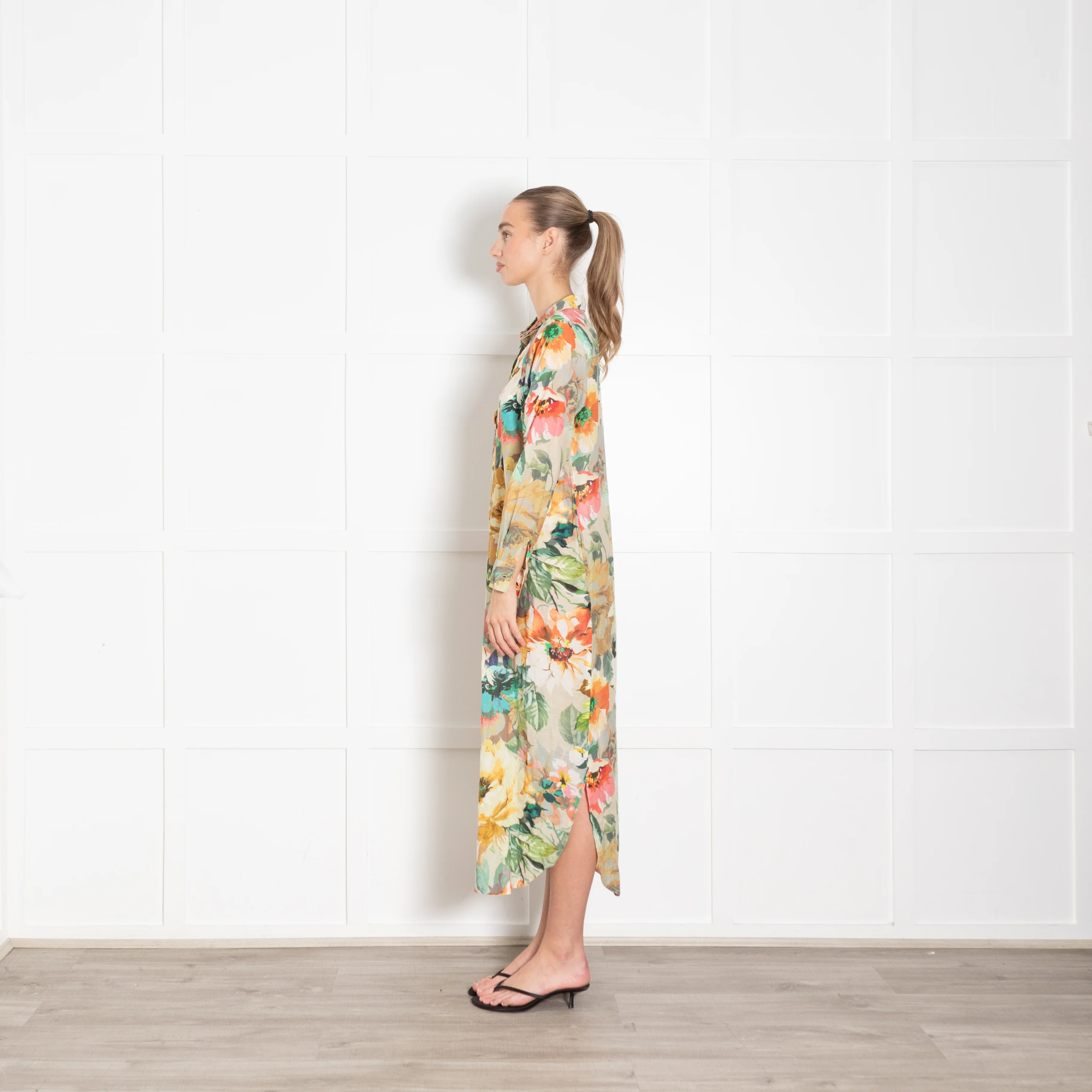 One Season Yellow Pink Green Floral Cotton Shirt Dress - Image 4