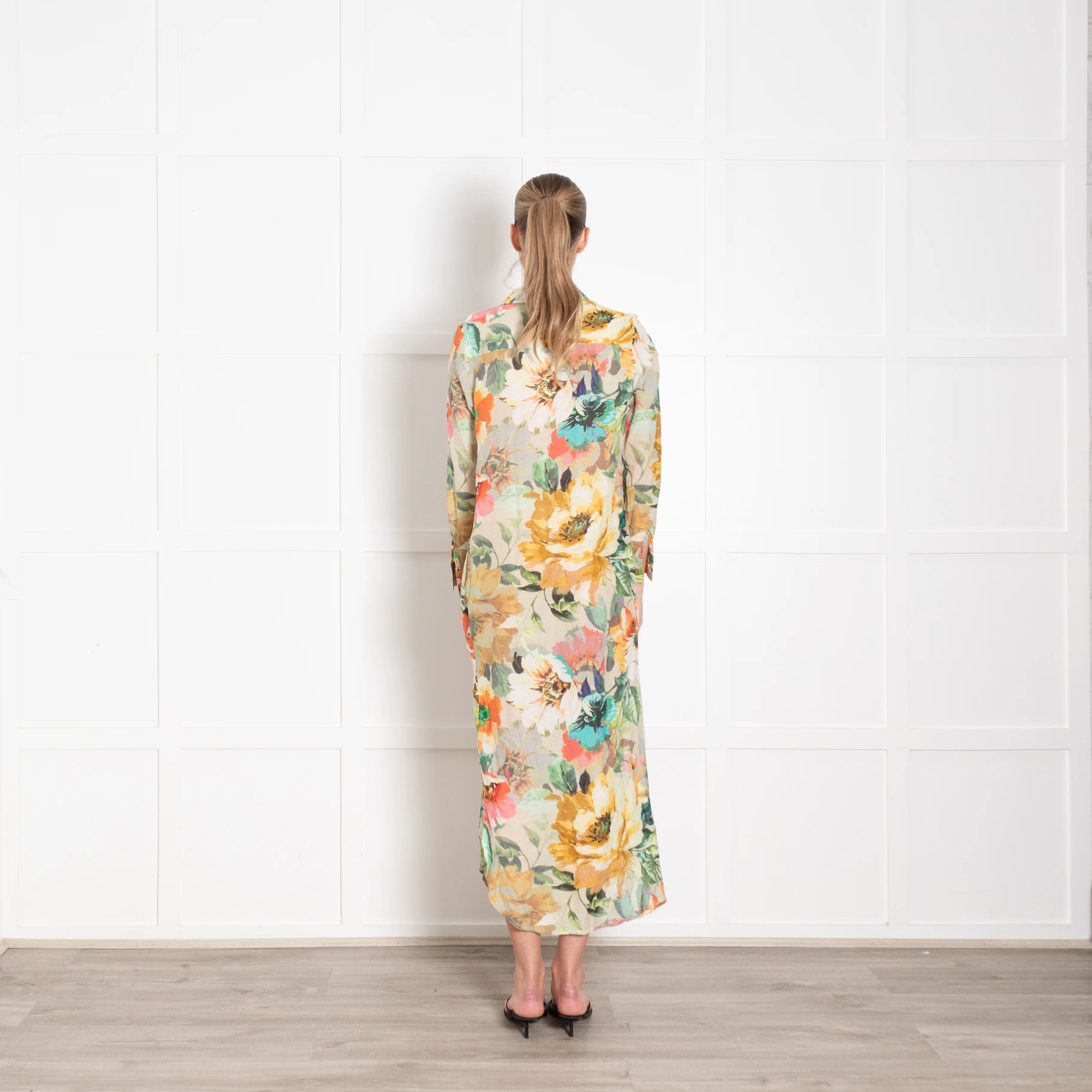One Season Yellow Pink Green Floral Cotton Shirt Dress - Image 5