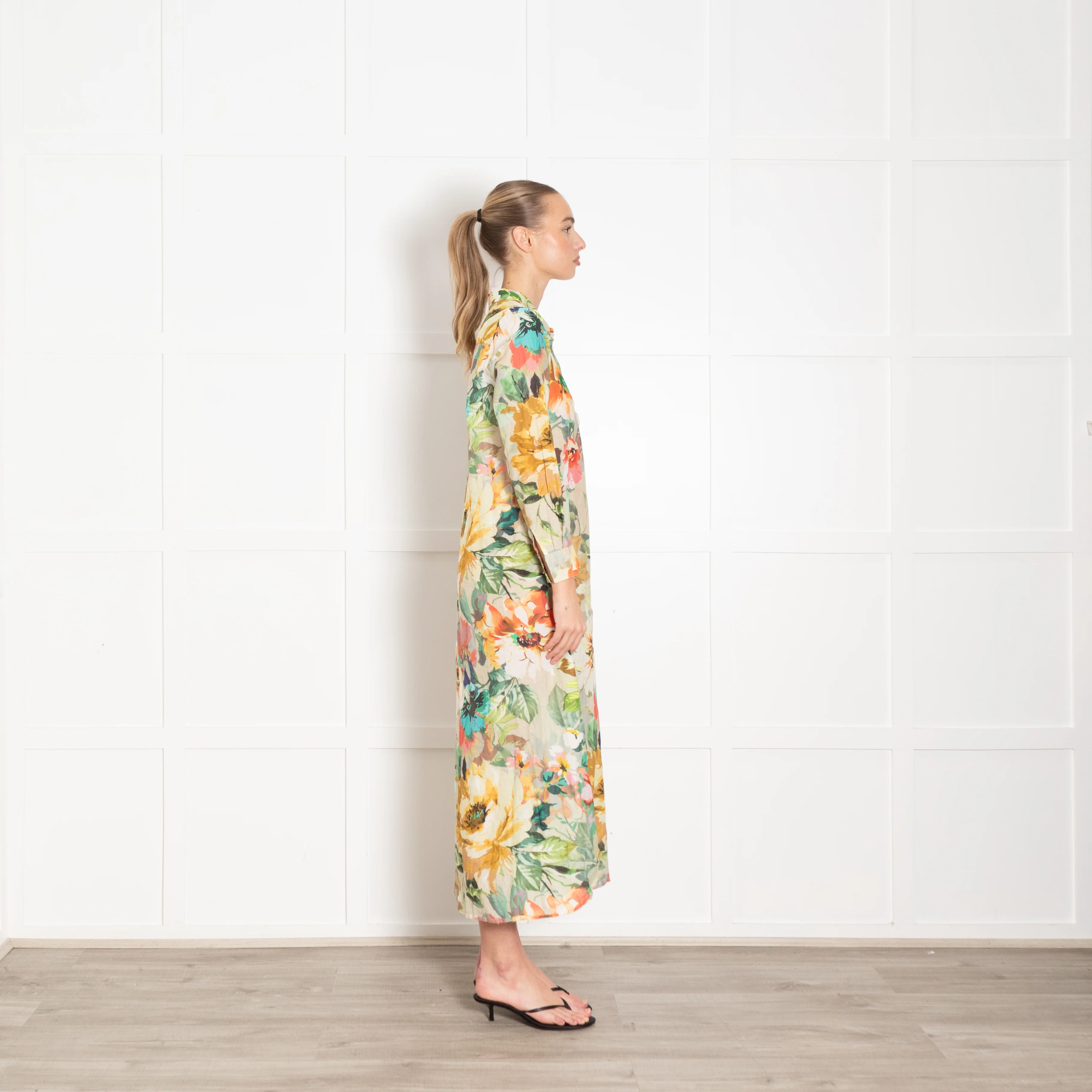 One Season Yellow Pink Green Floral Cotton Shirt Dress - Image 6