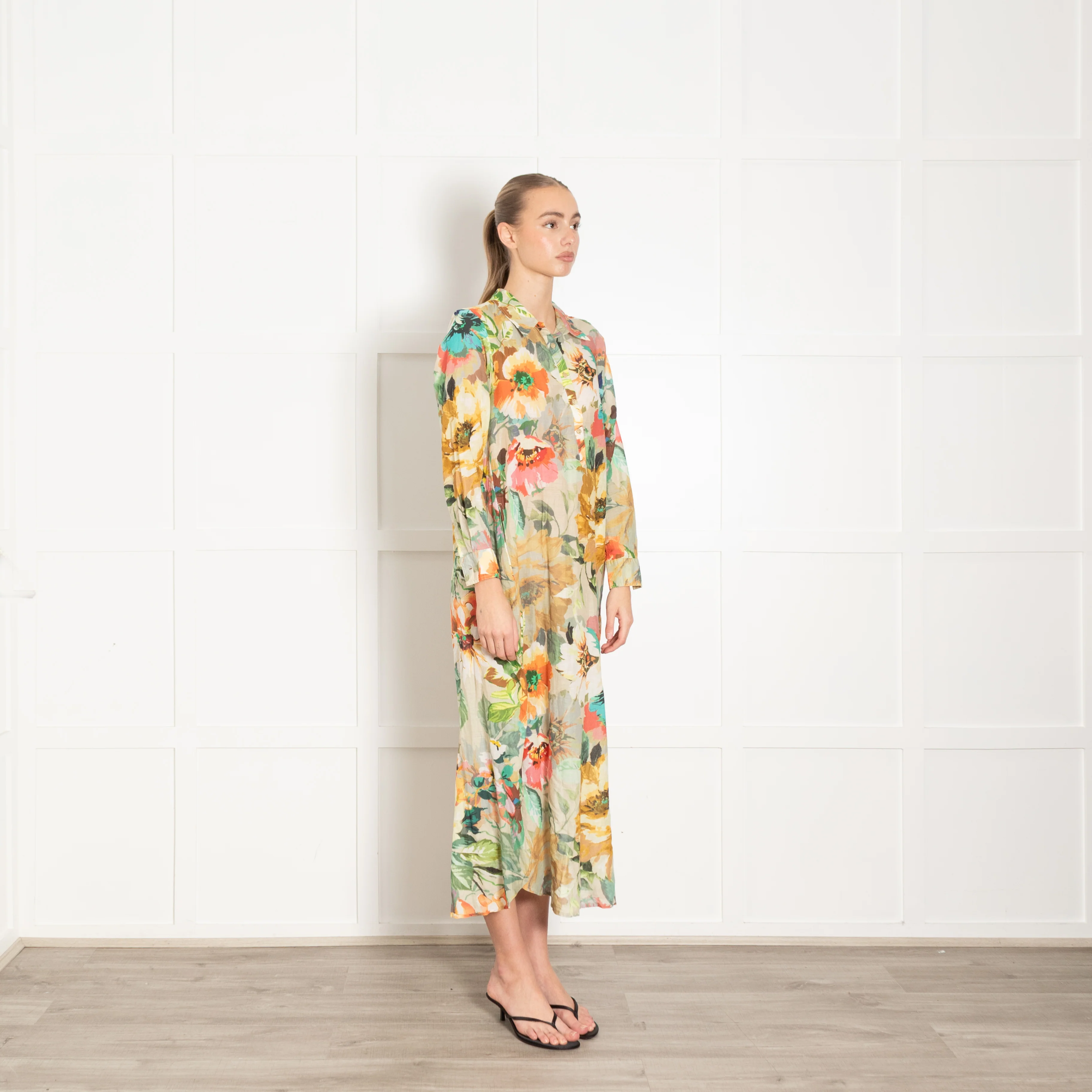 One Season Yellow Pink Green Floral Cotton Shirt Dress - Image 7