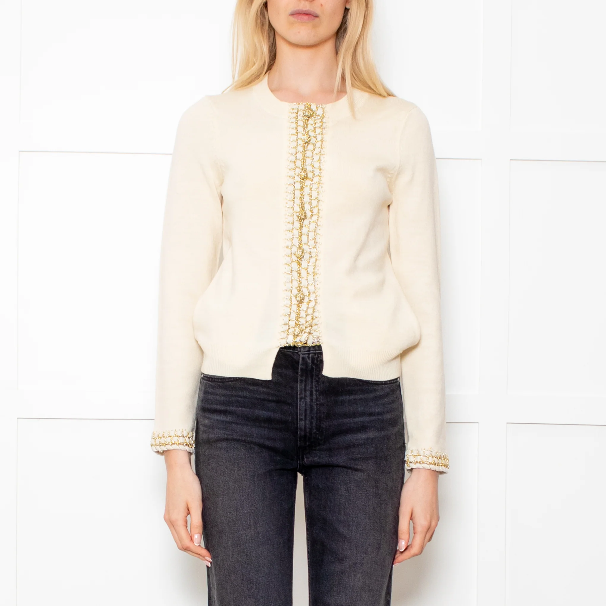 Opening Ceremony Cream Button Up Cardigan With Gold Brocade - Image 2
