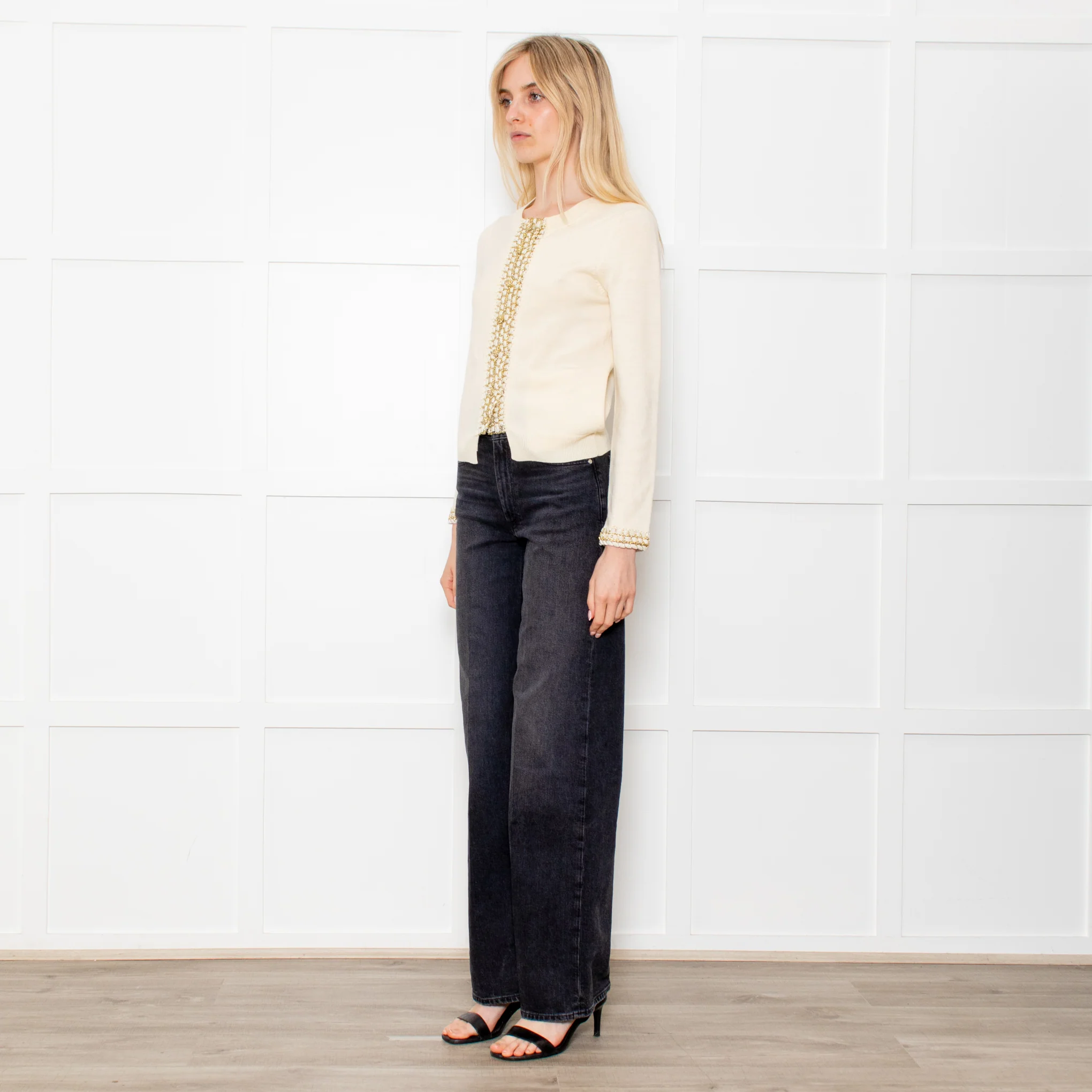 Opening Ceremony Cream Button Up Cardigan With Gold Brocade - Image 3