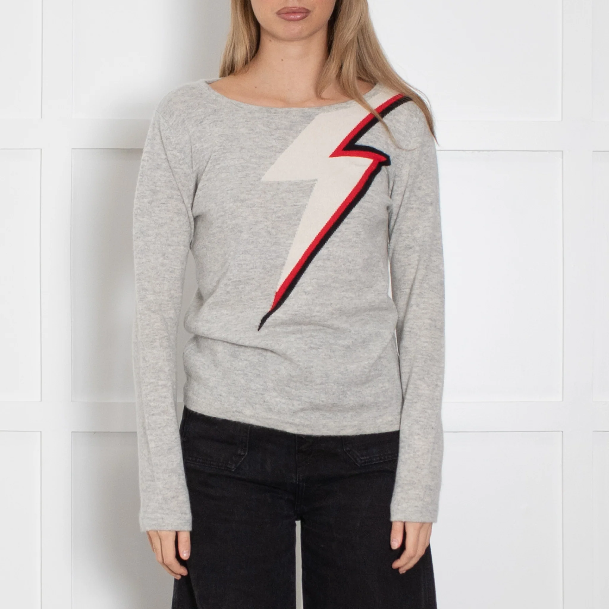 Orwell + Austen Light Grey Lightning Bolt Print Cashmere Blend Jumper - Image 2