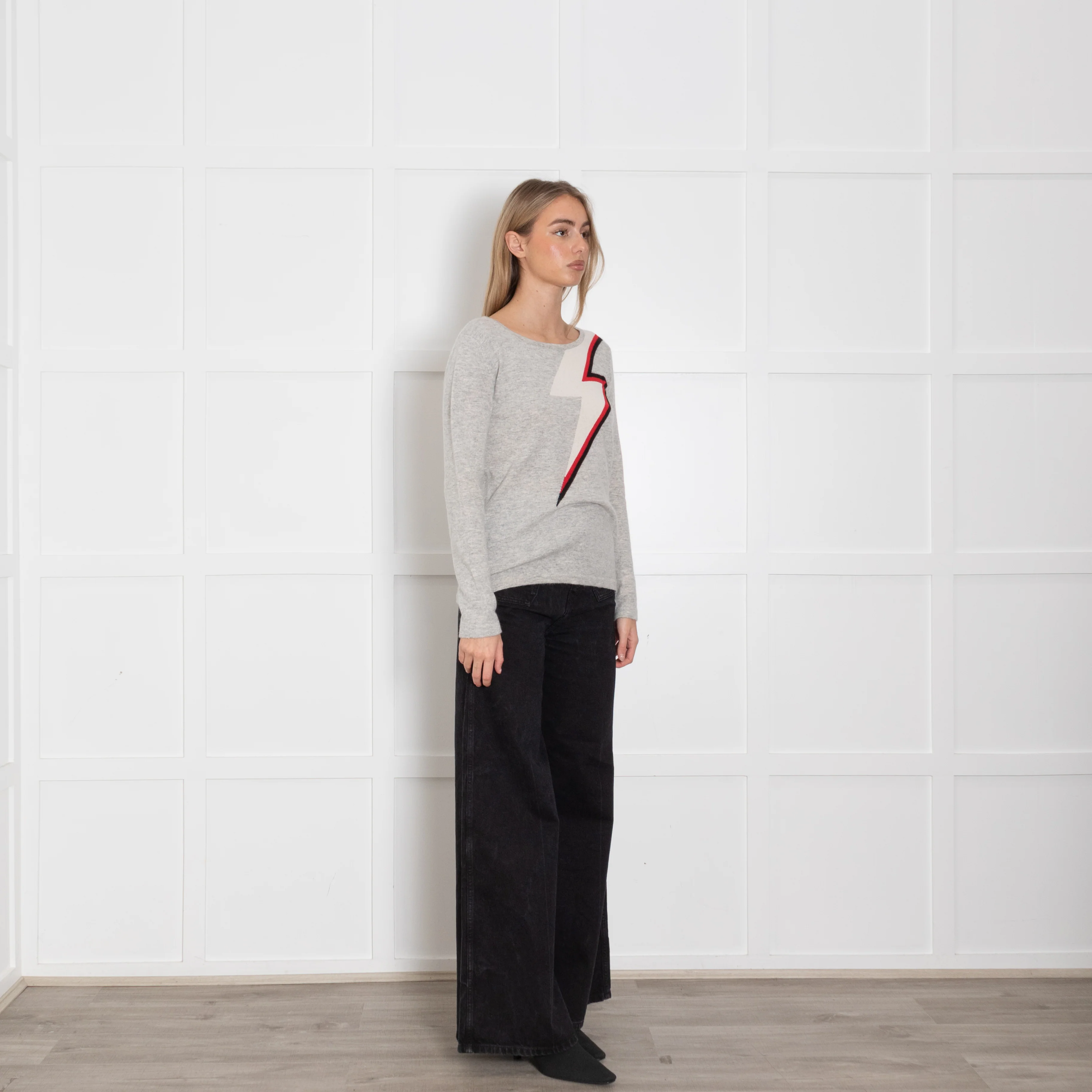Orwell + Austen Light Grey Lightning Bolt Print Cashmere Blend Jumper - Image 7