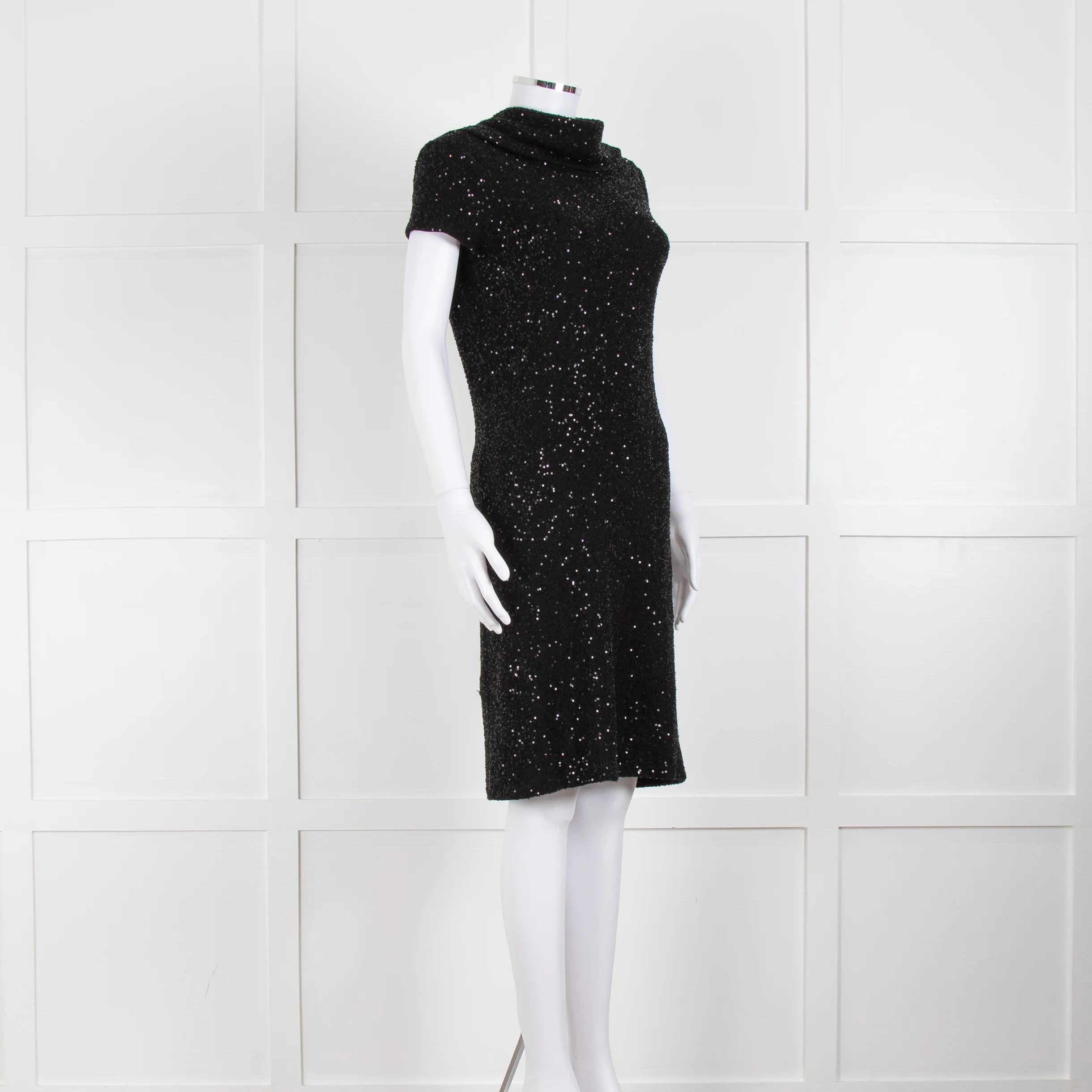 Oscar De La Renta Black Stretch Drop Back Cowl Neck Sequin Dress - Image 2