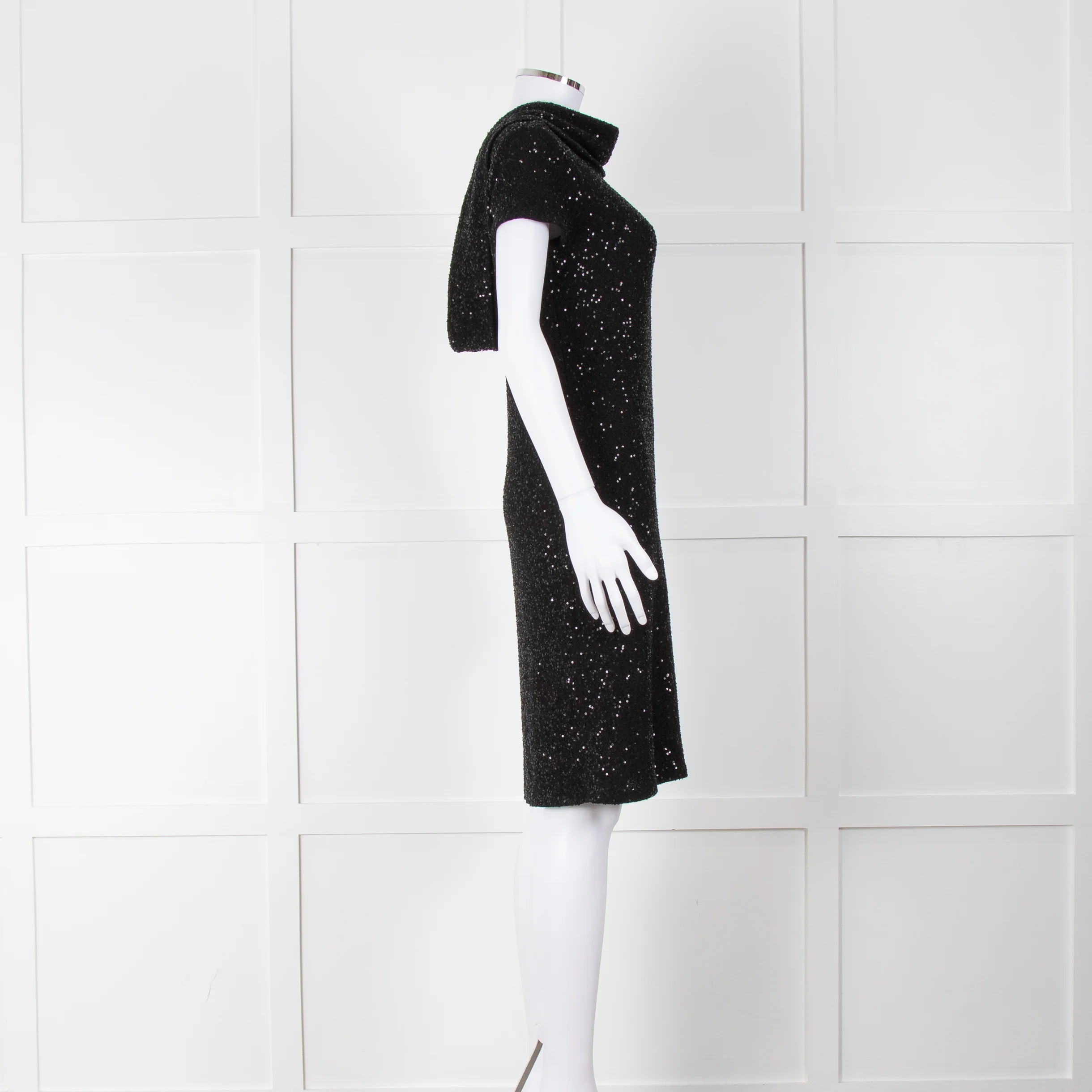 Oscar De La Renta Black Stretch Drop Back Cowl Neck Sequin Dress - Image 3