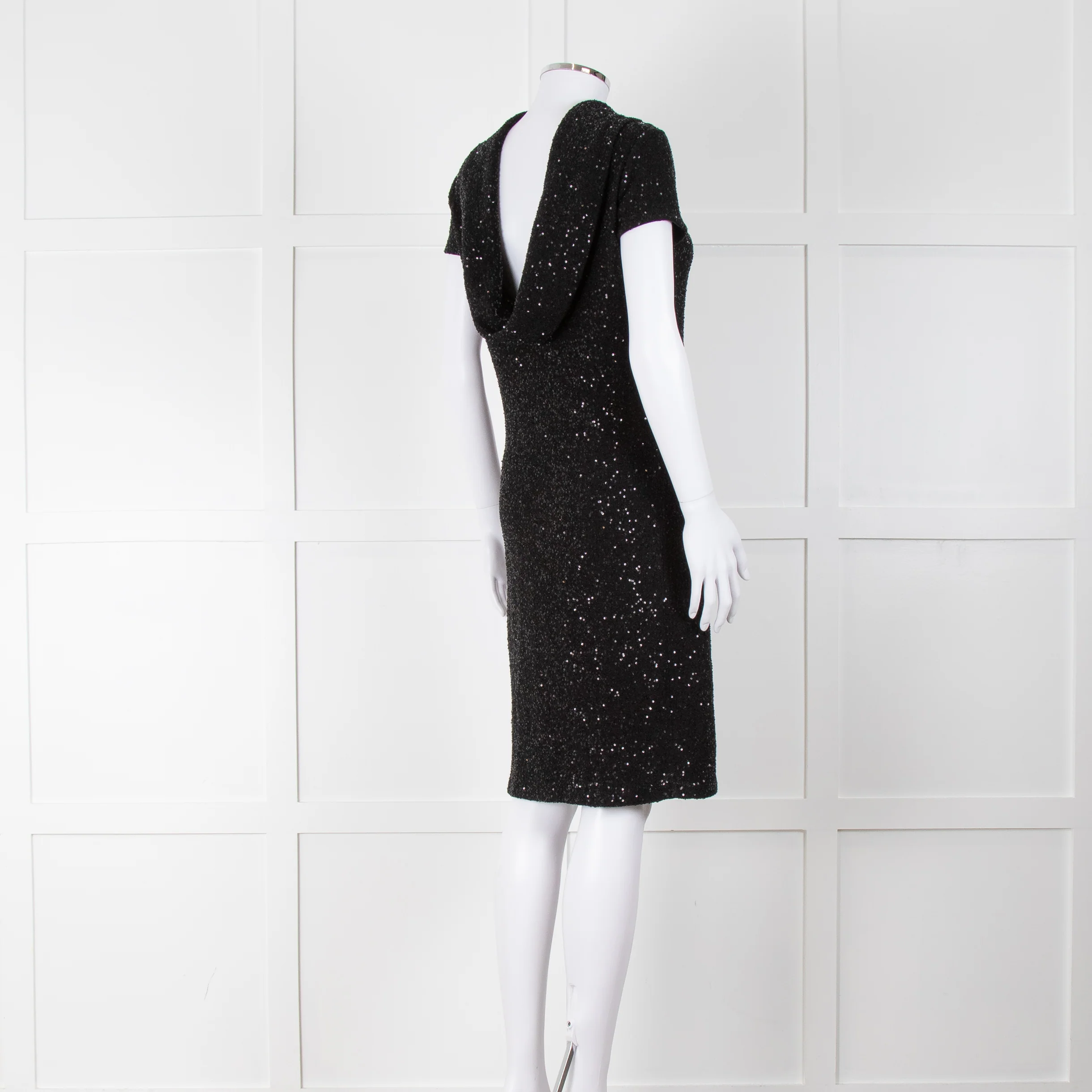 Oscar De La Renta Black Stretch Drop Back Cowl Neck Sequin Dress - Image 4
