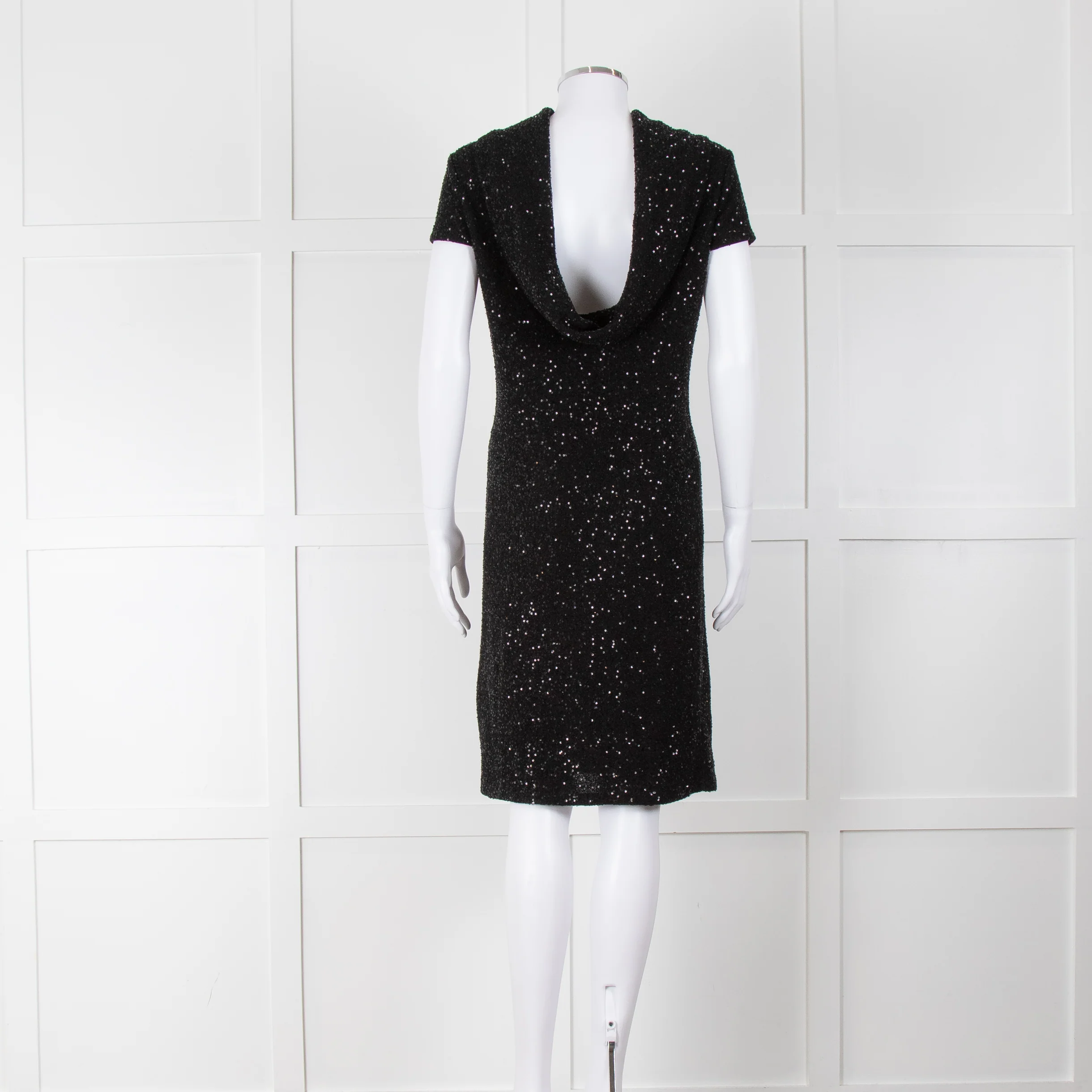Oscar De La Renta Black Stretch Drop Back Cowl Neck Sequin Dress - Image 5