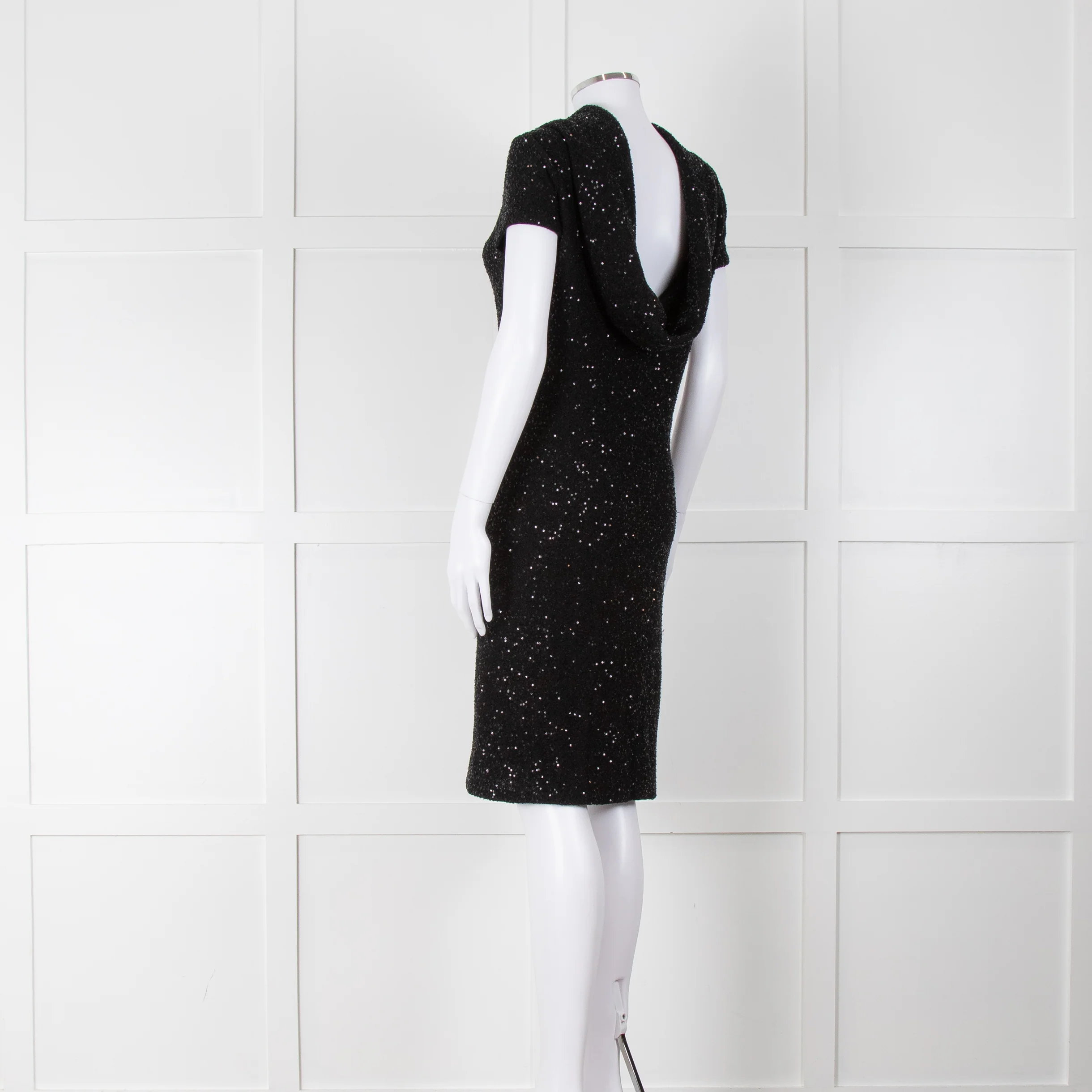 Oscar De La Renta Black Stretch Drop Back Cowl Neck Sequin Dress - Image 6