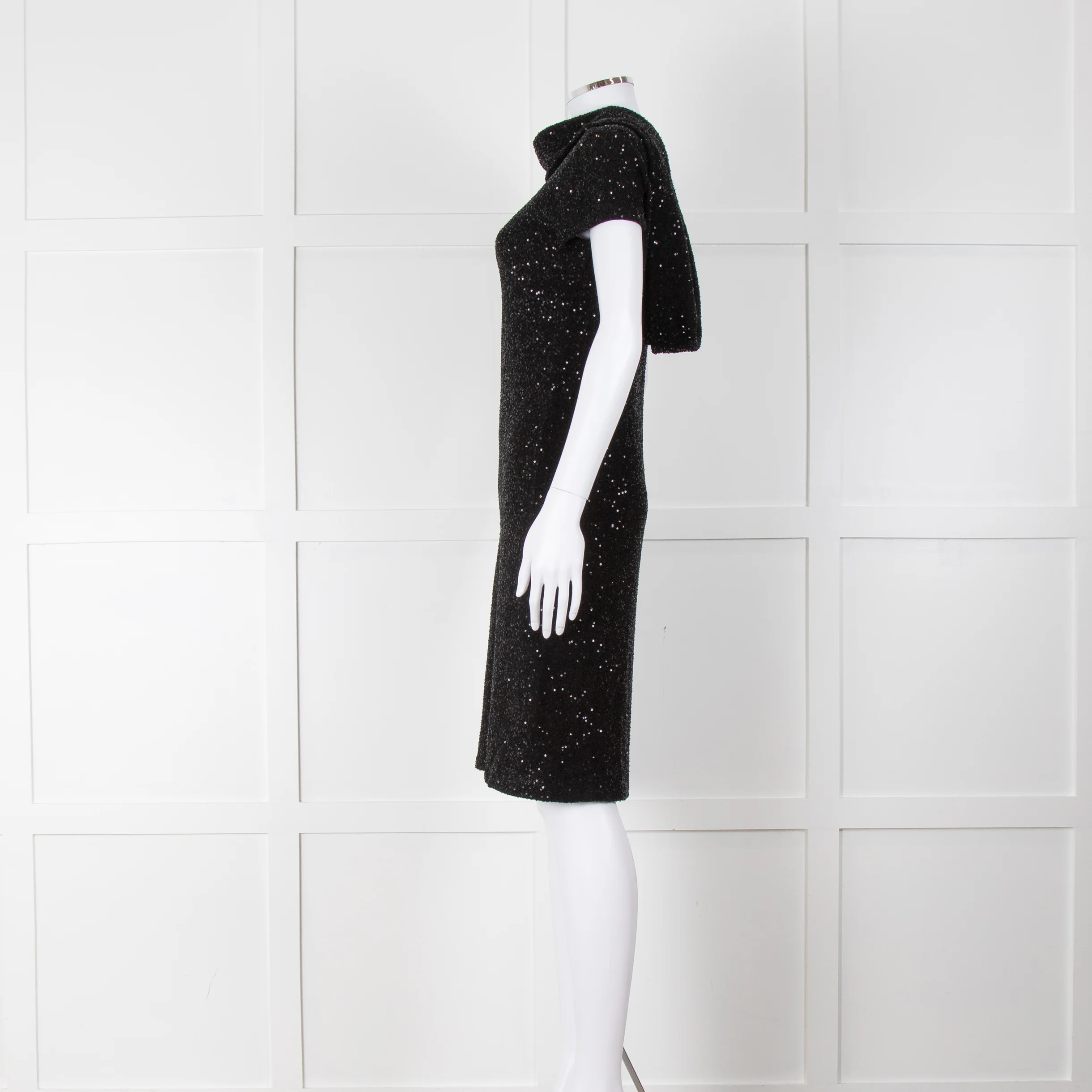 Oscar De La Renta Black Stretch Drop Back Cowl Neck Sequin Dress - Image 7