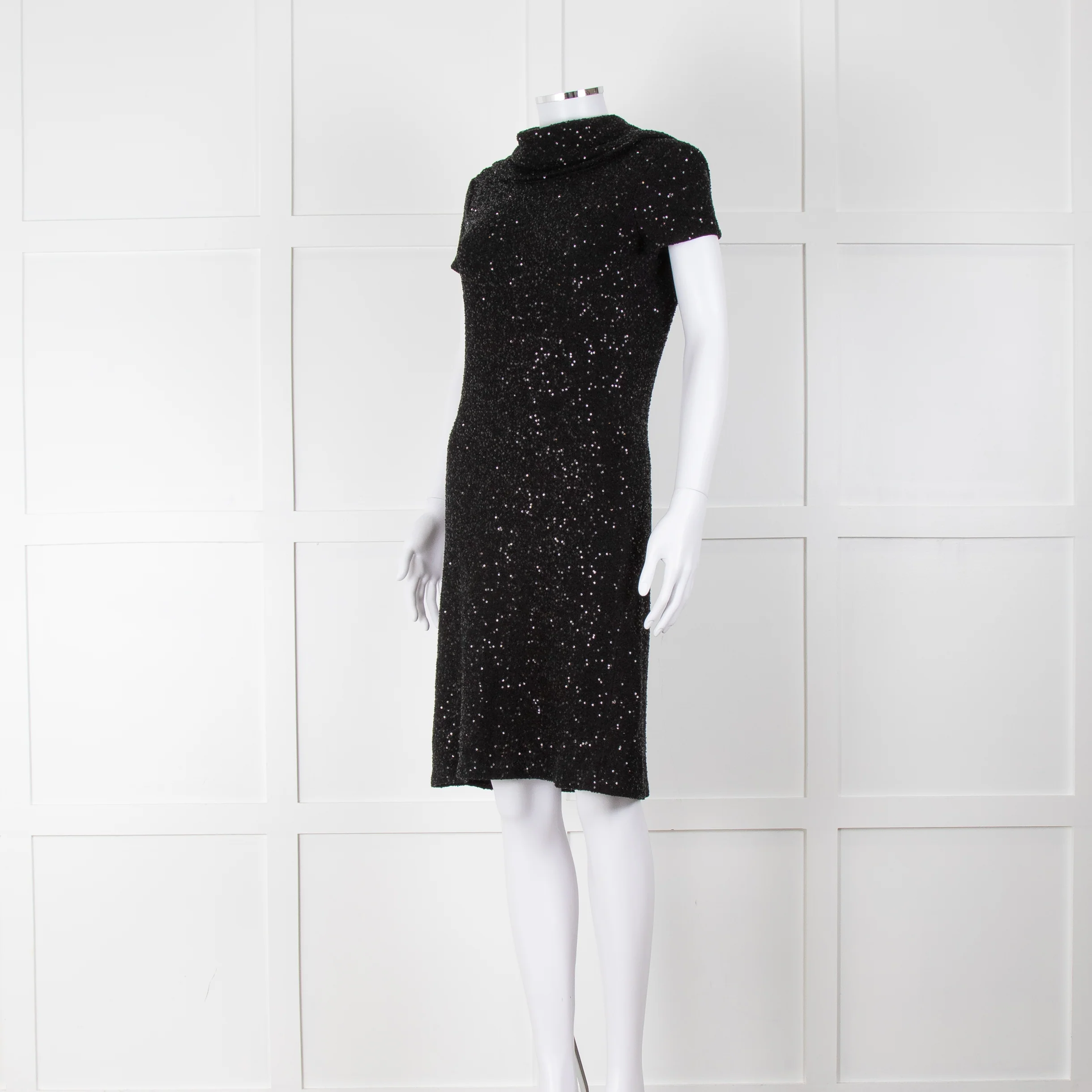Oscar De La Renta Black Stretch Drop Back Cowl Neck Sequin Dress - Image 8